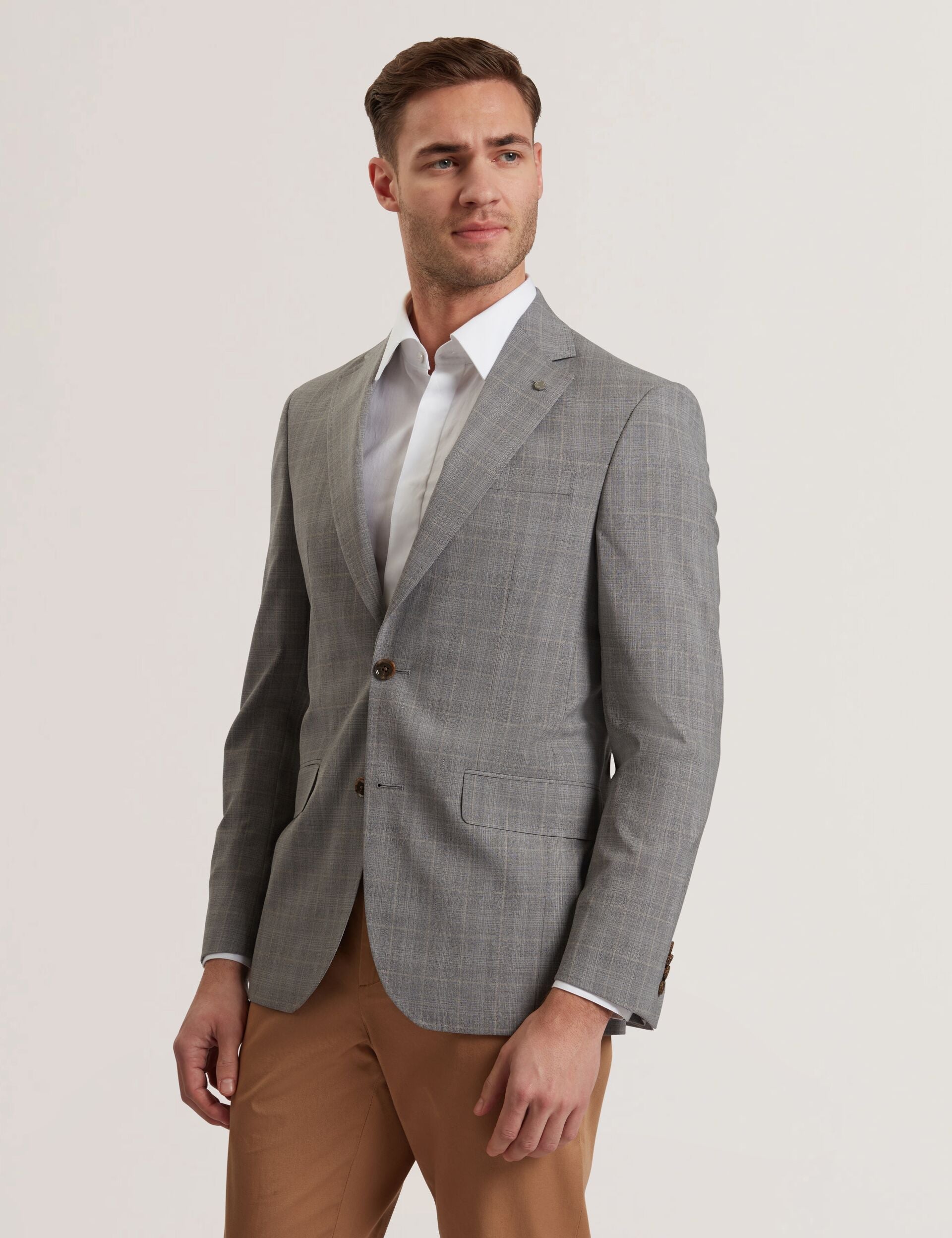 Ted Baker RON - Windowpane Check Wool Suit Jacket LIGHT GREY