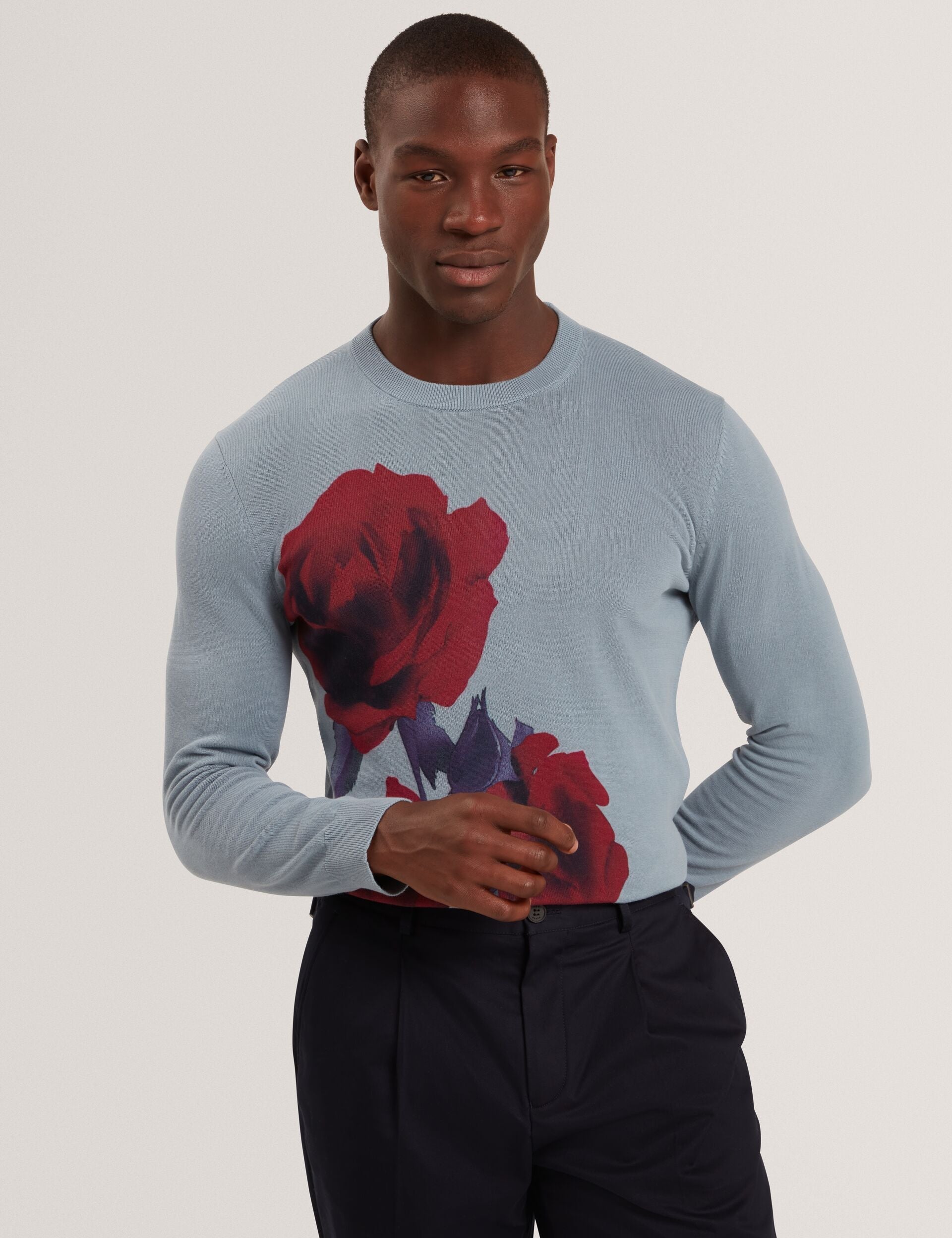 Ted Baker THALIO Rose Graphic Fine Knit Crew Neck Jumper TEAL BLUE