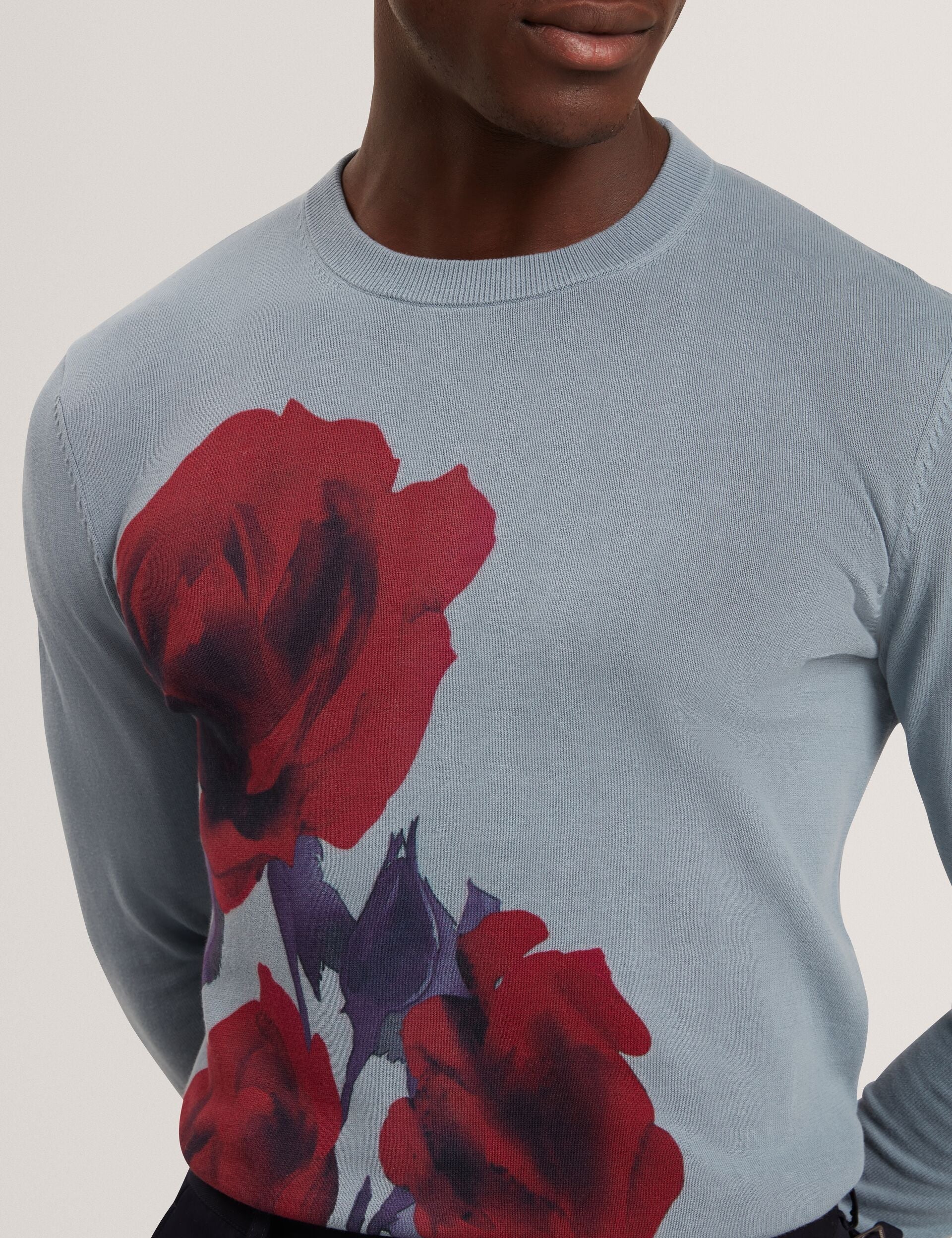Ted Baker THALIO Rose Graphic Fine Knit Crew Neck Jumper TEAL BLUE