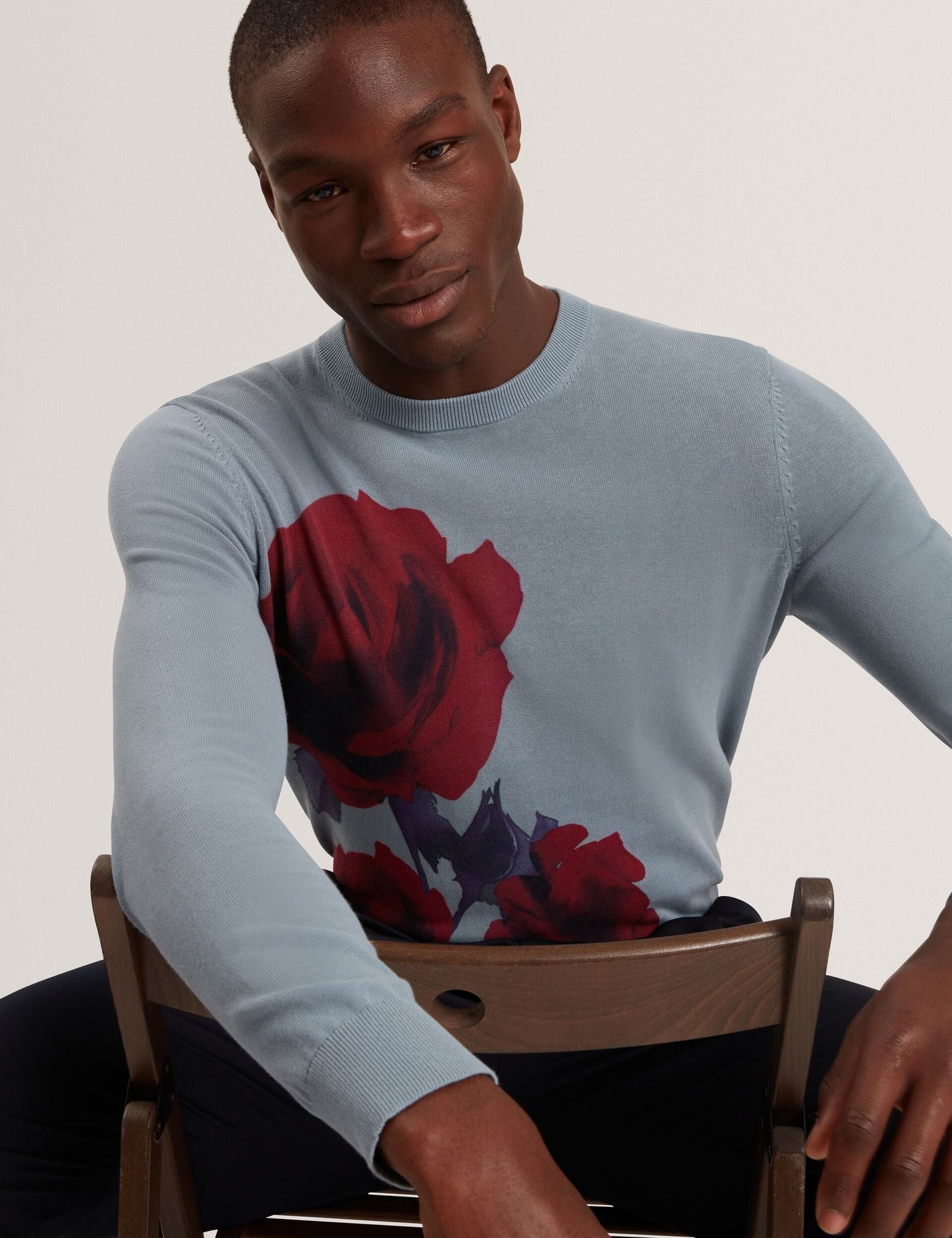 Ted Baker THALIO Rose Graphic Fine Knit Crew Neck Jumper TEAL BLUE