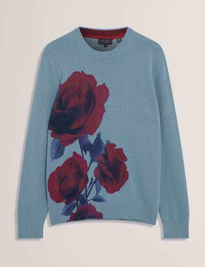 Ted Baker THALIO Rose Graphic Fine Knit Crew Neck Jumper TEAL BLUE