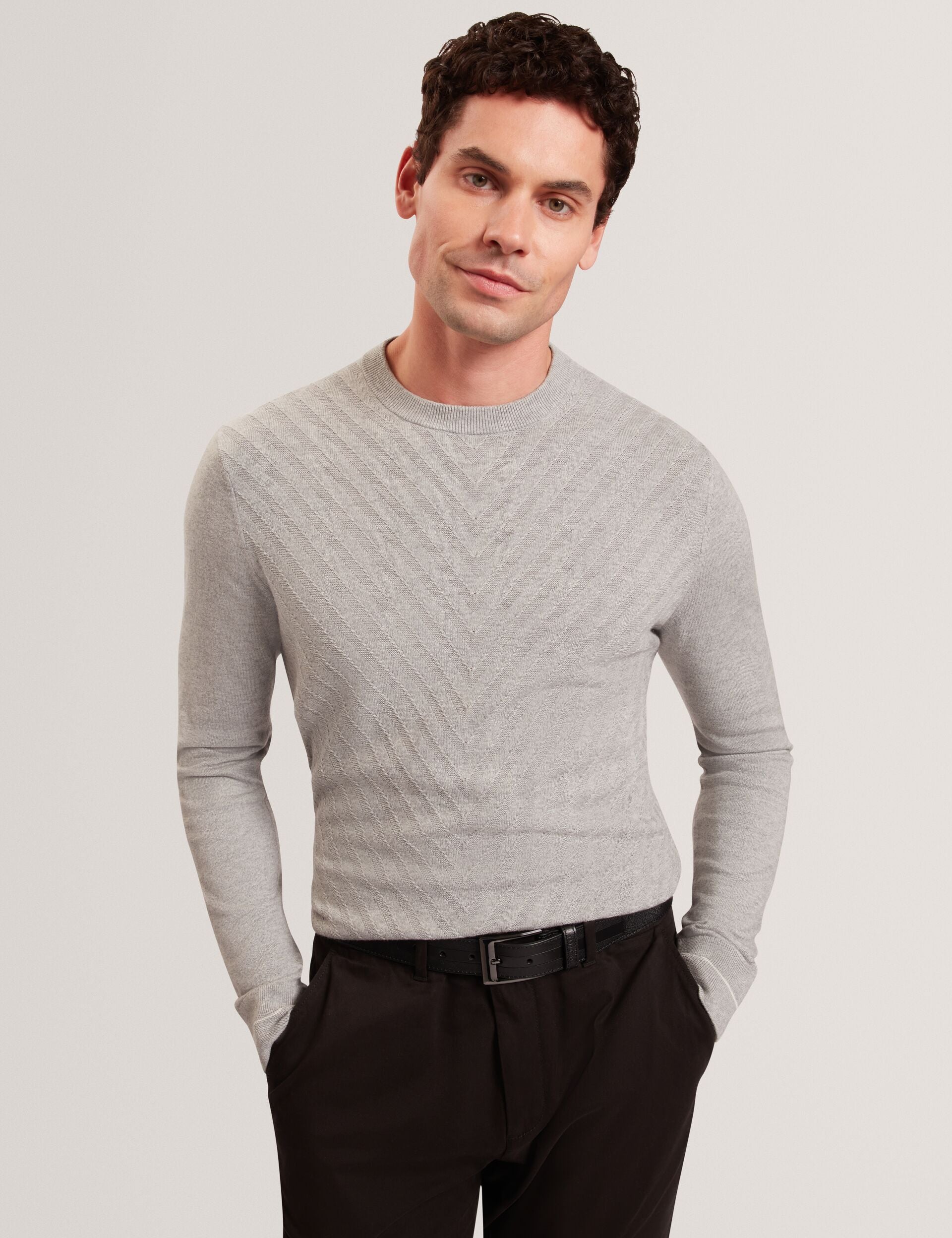 Ted Baker CORBIN Chevron Texture Knit Crew Neck Sweater LIGHT GREY