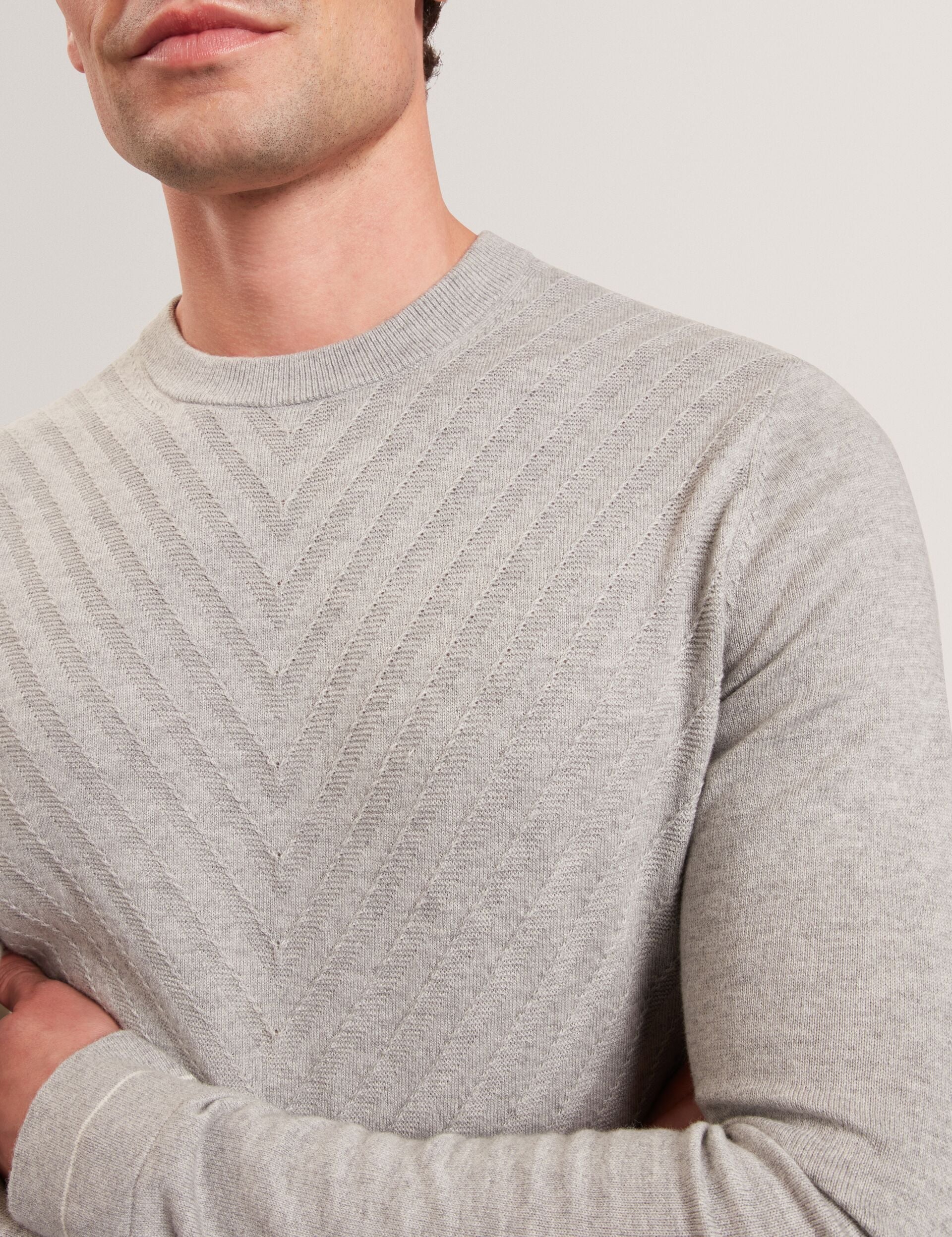 Ted Baker CORBIN Chevron Texture Knit Crew Neck Sweater LIGHT GREY
