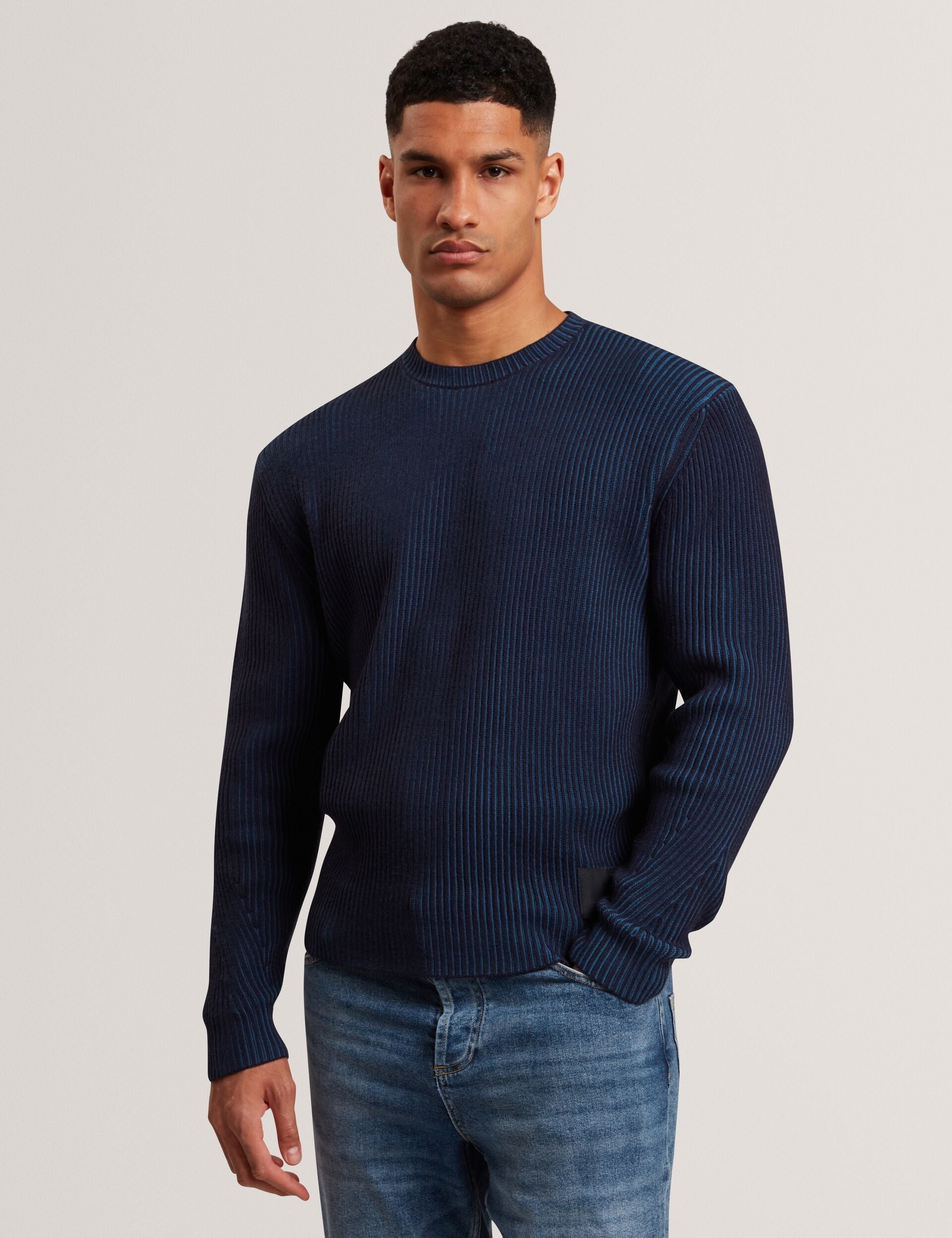 Ted Baker TIMMNO Plated Rib Knit Crew Neck Sweater NAVY