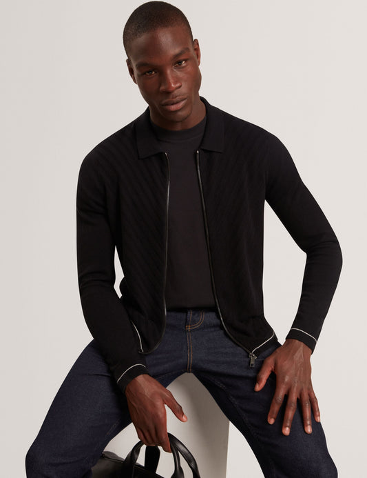 Ted Baker LYSAND Chevron Stitch Zip-Up Wool Knit Cardigan BLACK