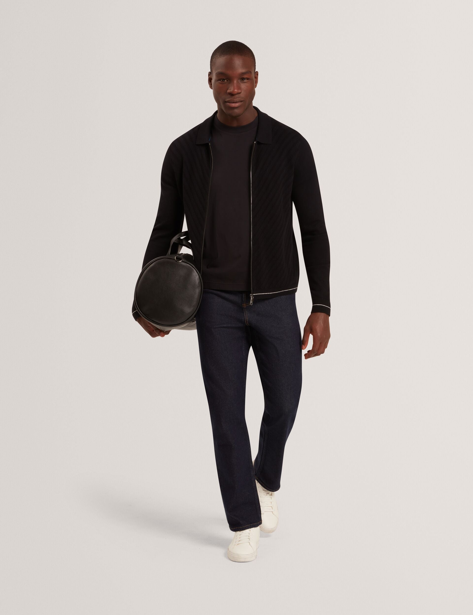 Ted Baker LYSAND Chevron Stitch Zip-Up Wool Knit Cardigan BLACK