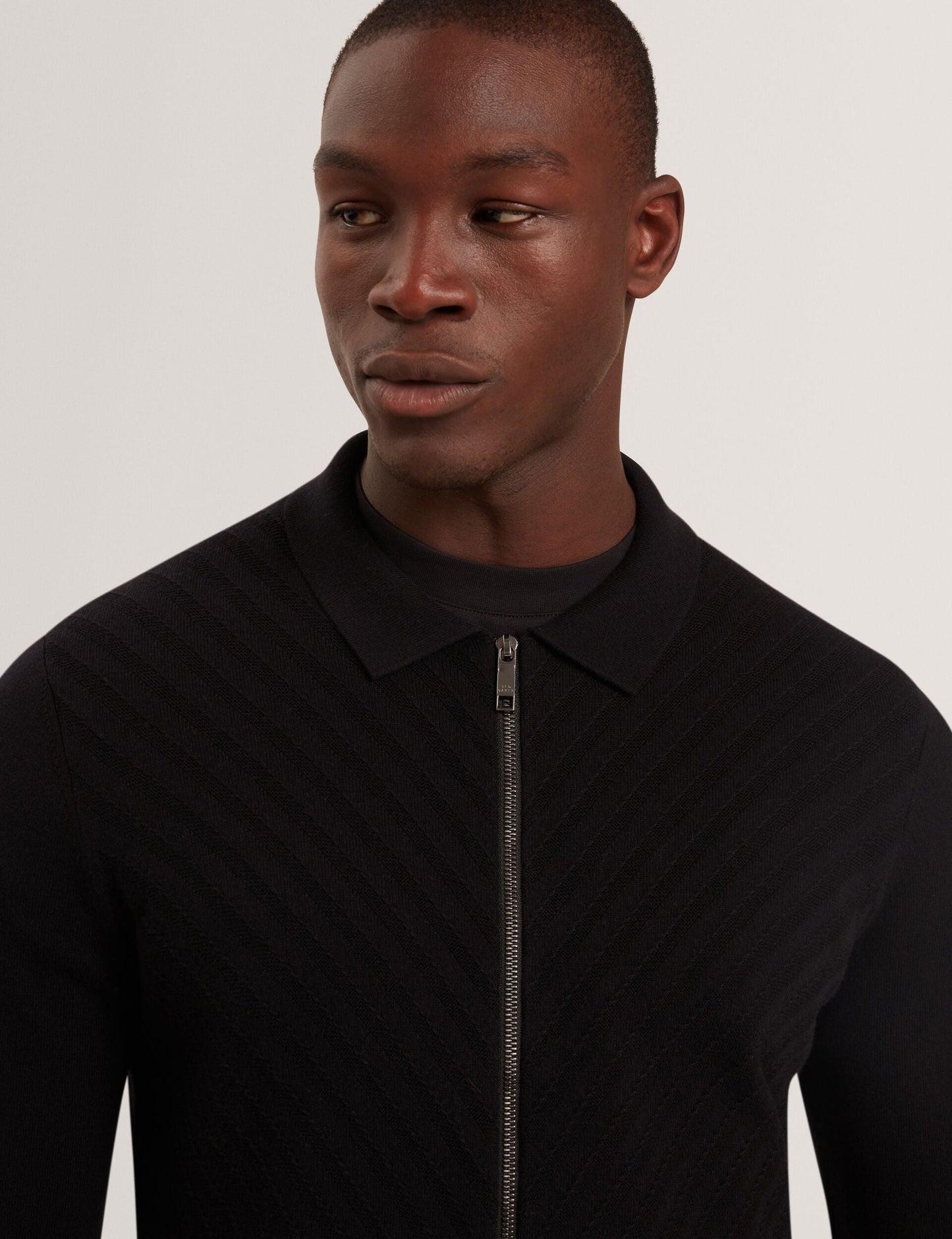 Ted Baker LYSAND Chevron Stitch Zip-Up Wool Knit Cardigan BLACK