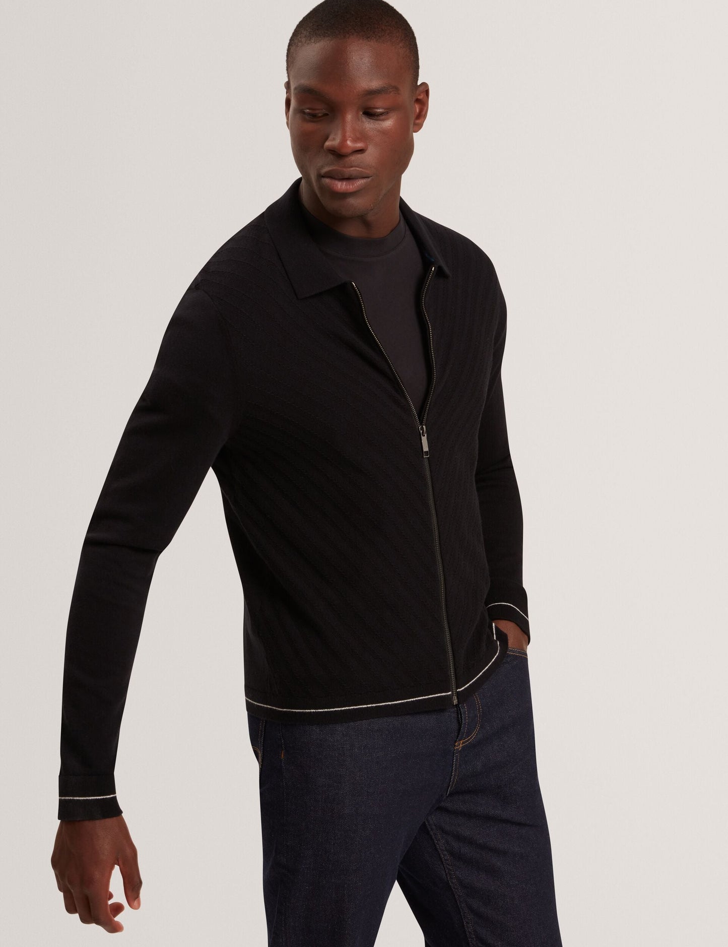Ted Baker LYSAND Chevron Stitch Zip-Up Wool Knit Cardigan BLACK