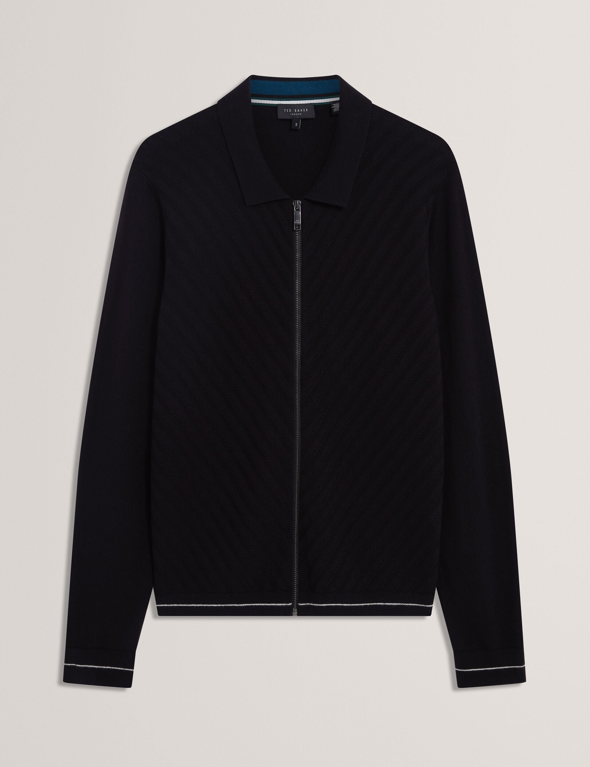 Ted Baker LYSAND Chevron Stitch Zip-Up Wool Knit Cardigan BLACK