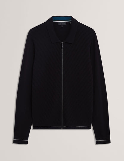 Ted Baker LYSAND Chevron Stitch Zip-Up Wool Knit Cardigan BLACK