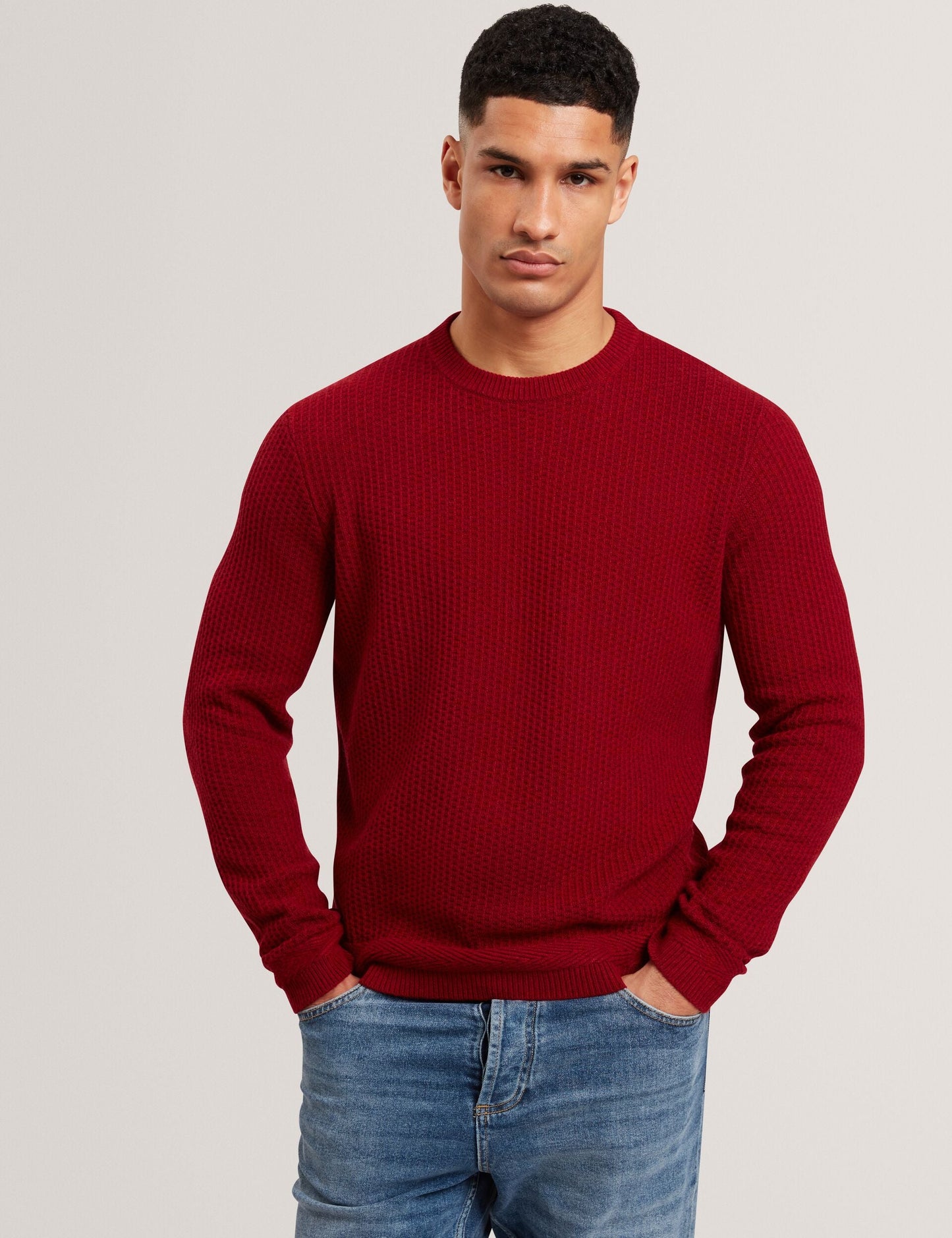 Ted Baker LEOCADI Herringbone Trim Textured Knit Sweater RED