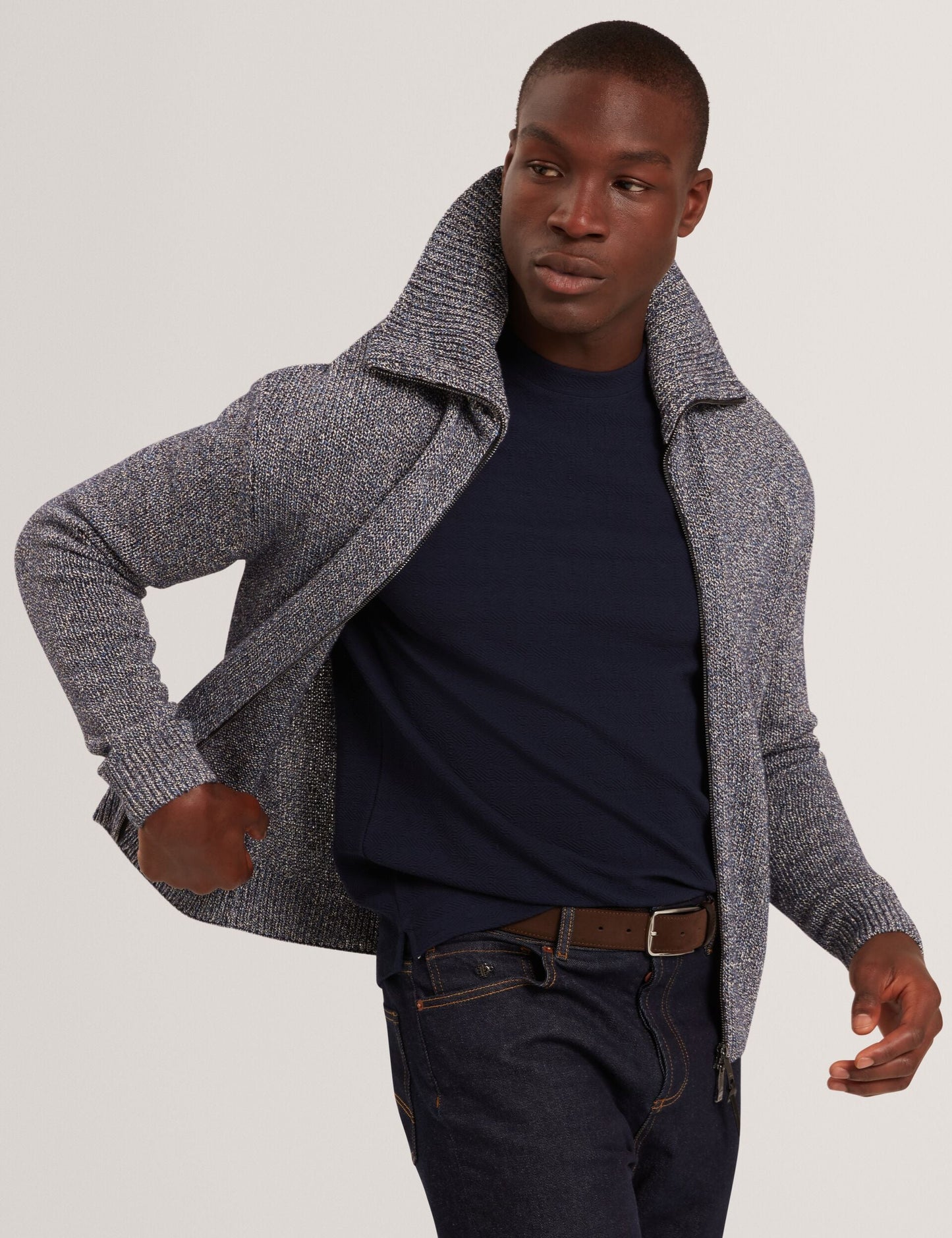 Ted Baker VARINK Twisted Yarn Knit Zip-Through Jumper NAVY GREY