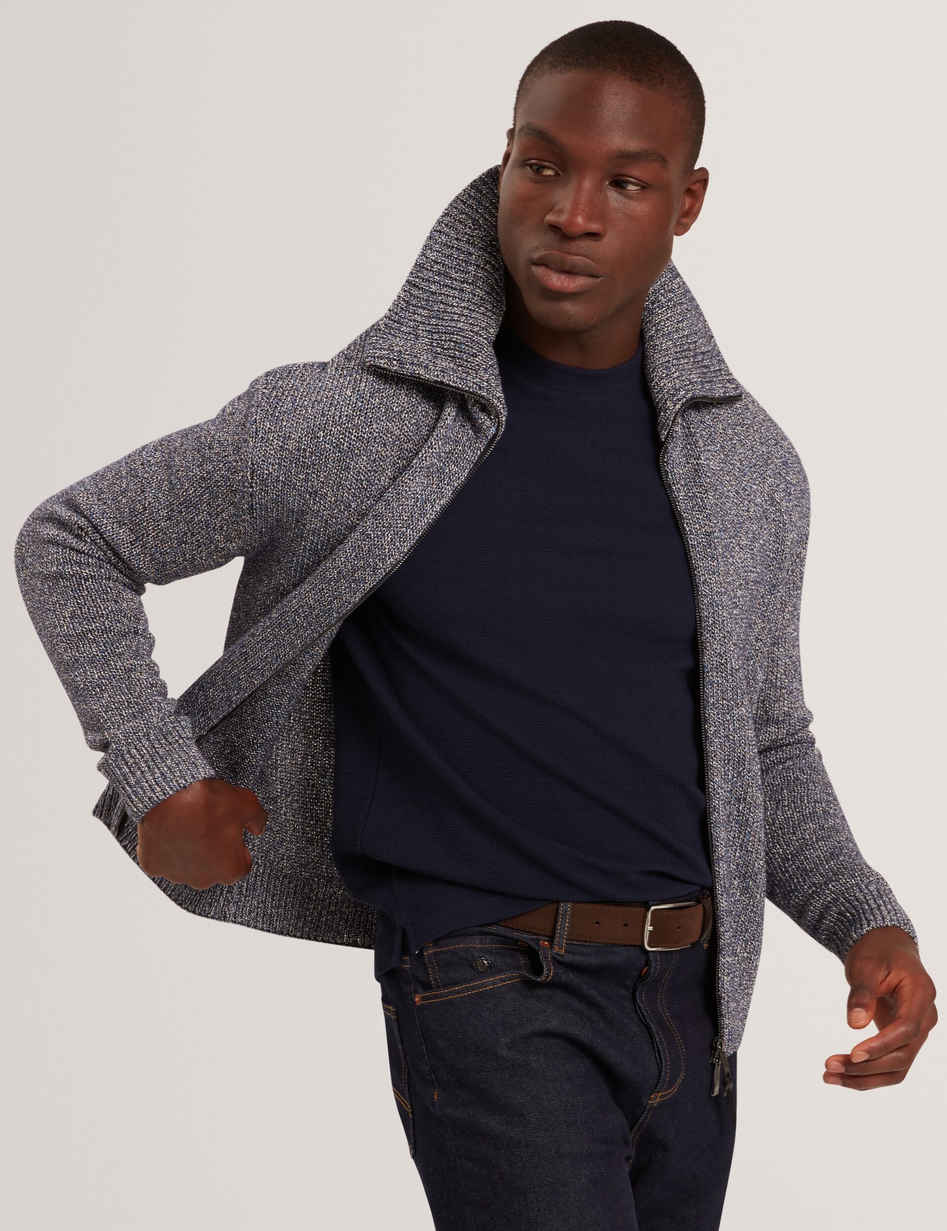 Ted Baker VARINK Twisted Yarn Knit Zip-Through Jumper NAVY GREY