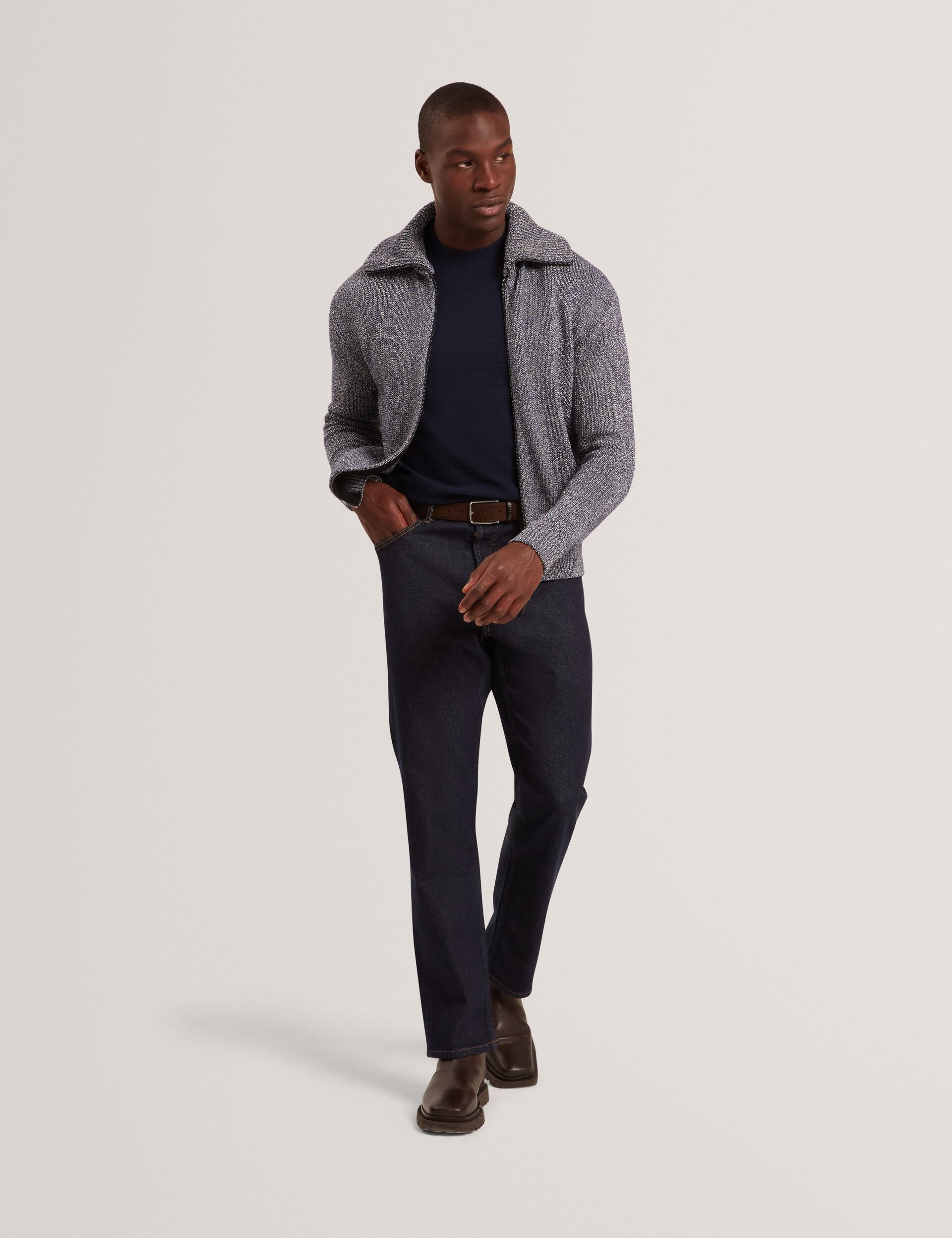 Ted Baker VARINK Twisted Yarn Knit Zip-Through Jumper NAVY GREY