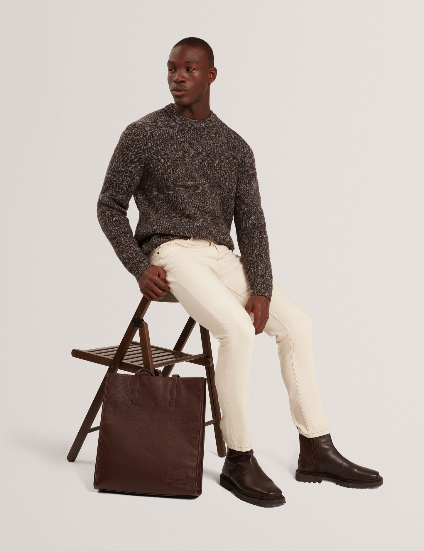 Ted Baker MORVEN Marled Wool Knit Crew Neck Sweater DARK BROWN