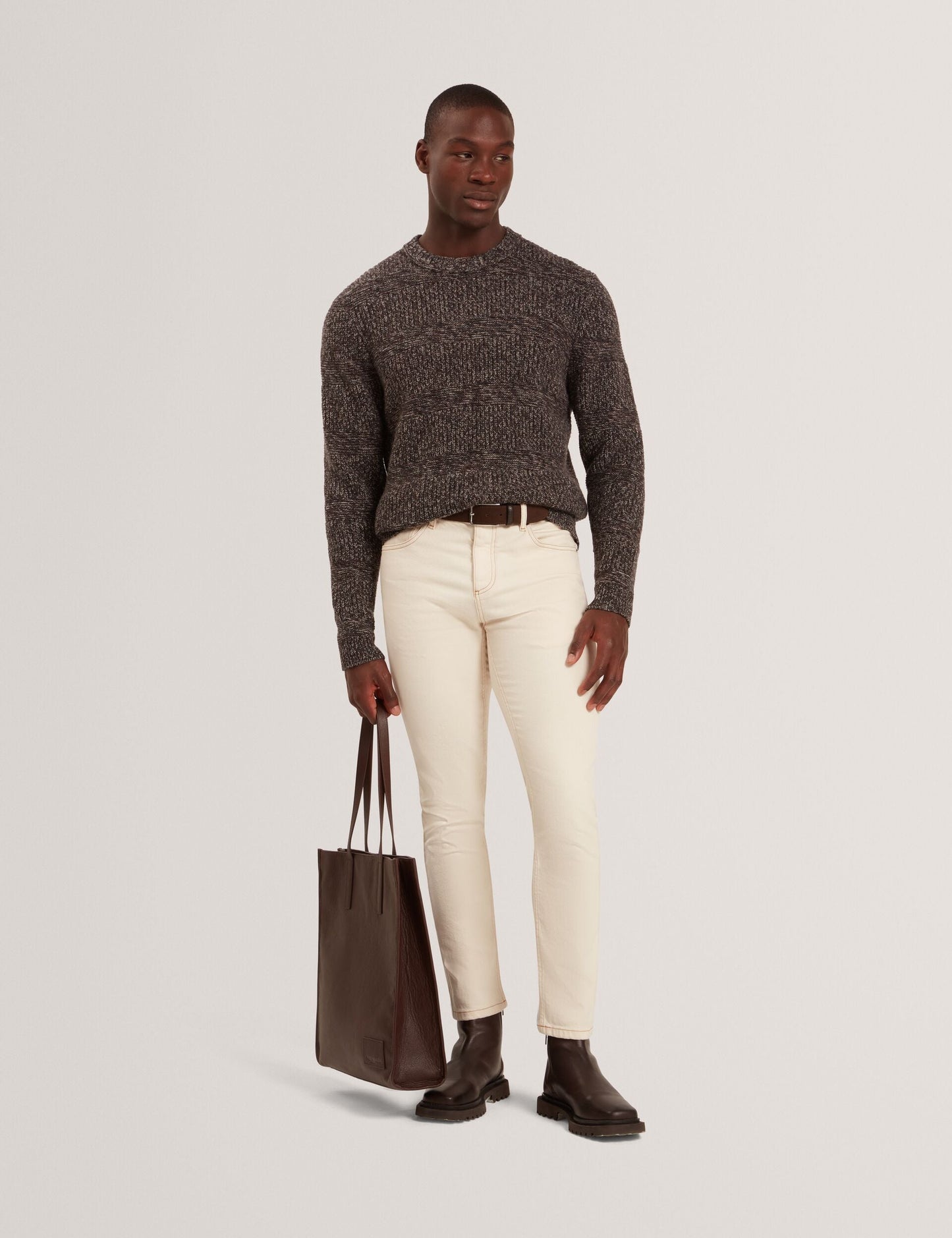 Ted Baker MORVEN Marled Wool Knit Crew Neck Sweater DARK BROWN