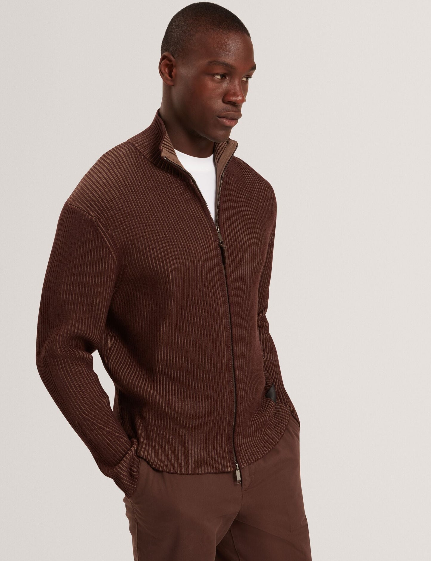 Ted Baker ROMANI Rib Knit Funnel Neck Zip-Up Sweater DARK BROWN