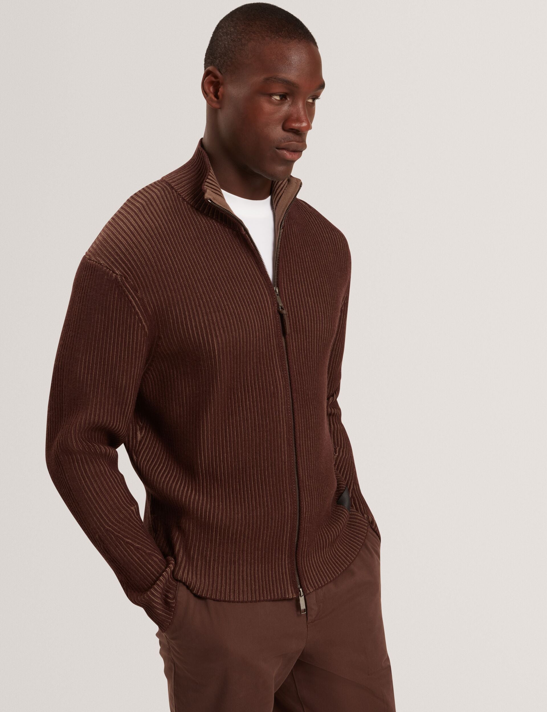 Ted Baker ROMANI Rib Knit Funnel Neck Zip-Up Sweater DARK BROWN