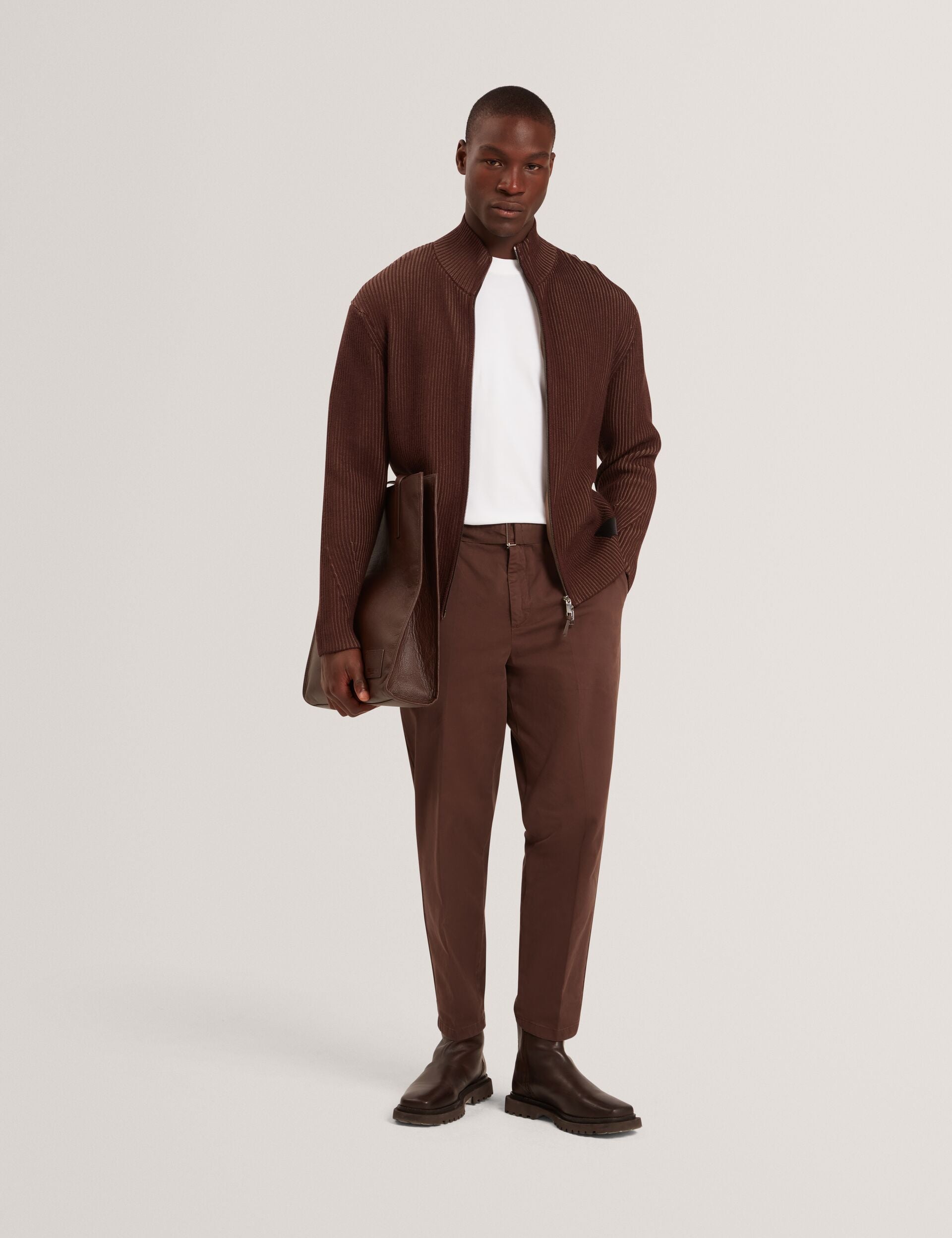 Ted Baker ROMANI Rib Knit Funnel Neck Zip-Up Sweater DARK BROWN