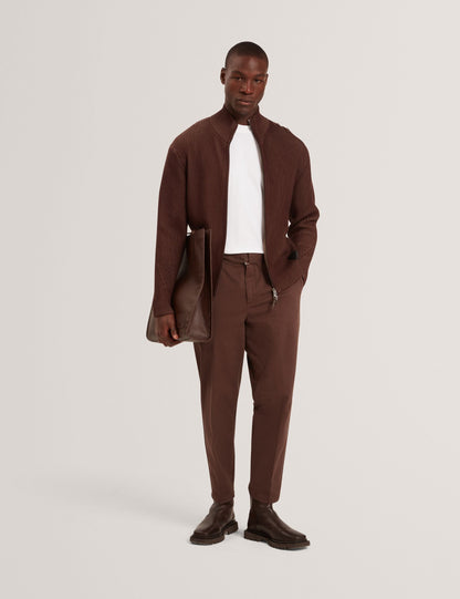 Ted Baker ROMANI Rib Knit Funnel Neck Zip-Up Sweater DARK BROWN