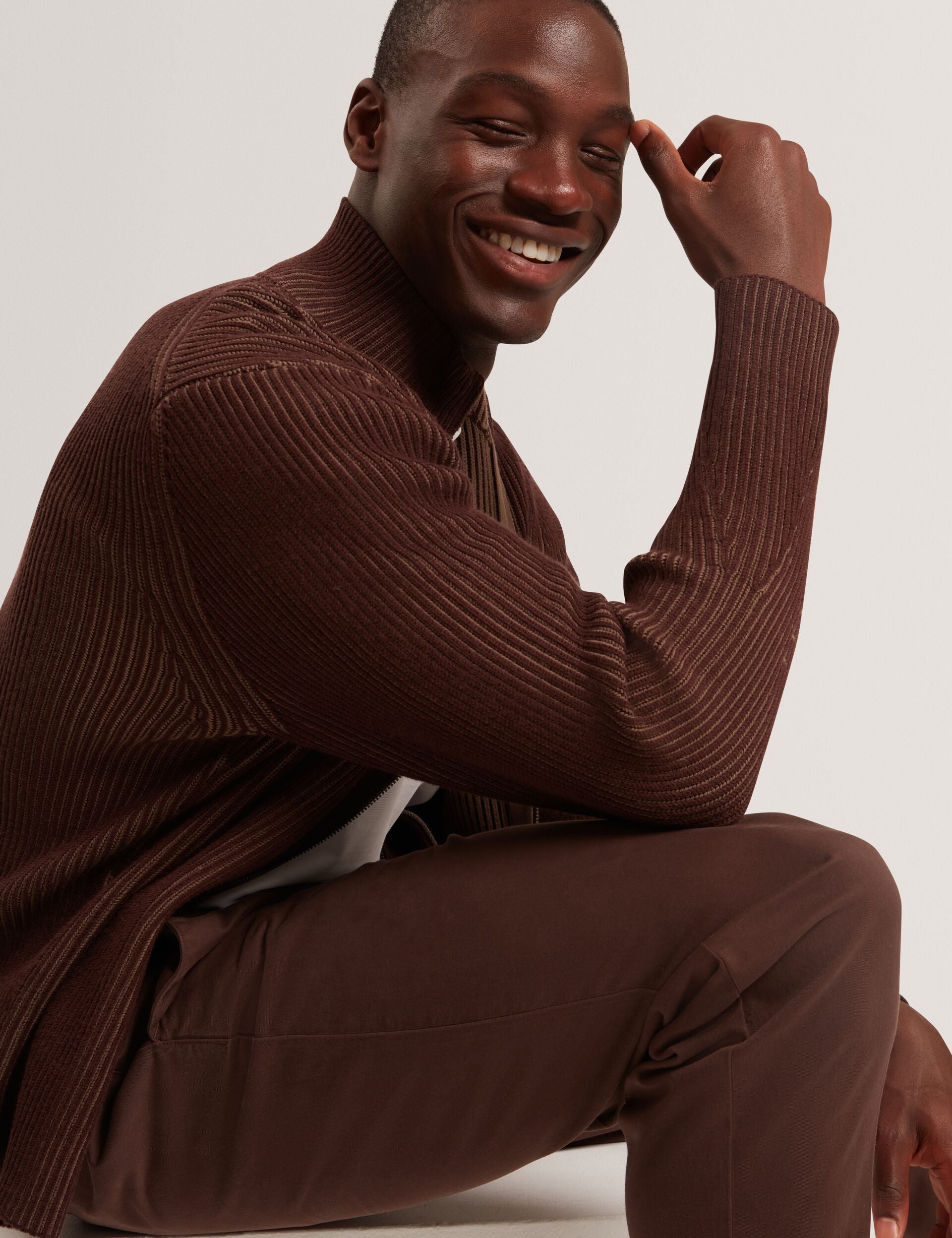 Ted Baker ROMANI Rib Knit Funnel Neck Zip-Up Sweater DARK BROWN