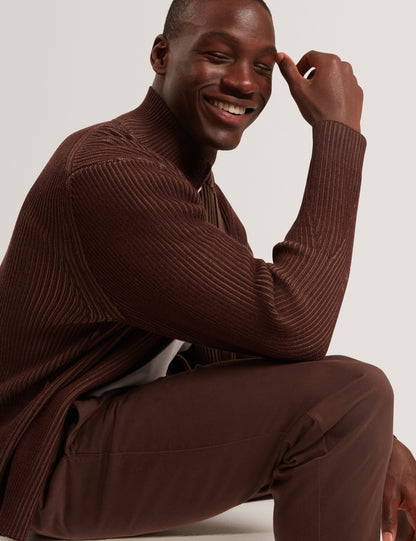 Ted Baker ROMANI Rib Knit Funnel Neck Zip-Up Sweater DARK BROWN