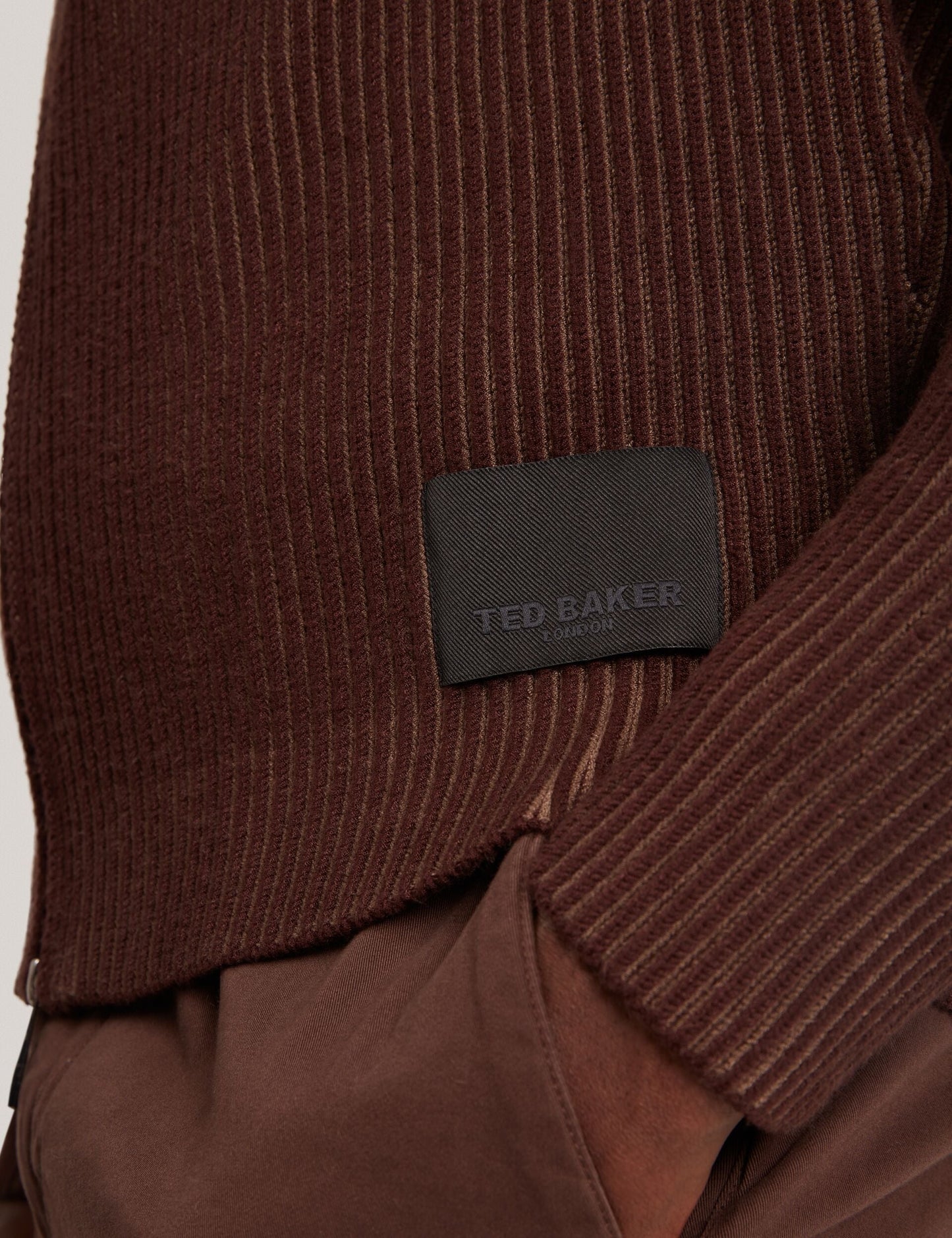 Ted Baker ROMANI Rib Knit Funnel Neck Zip-Up Sweater DARK BROWN