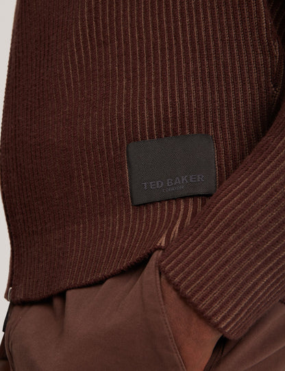 Ted Baker ROMANI Rib Knit Funnel Neck Zip-Up Sweater DARK BROWN