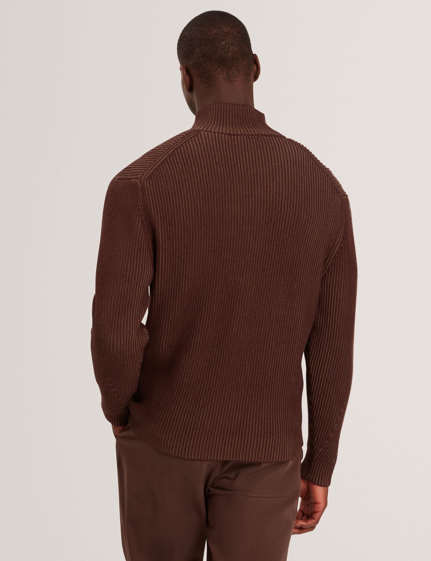 Ted Baker ROMANI Rib Knit Funnel Neck Zip-Up Sweater DARK BROWN
