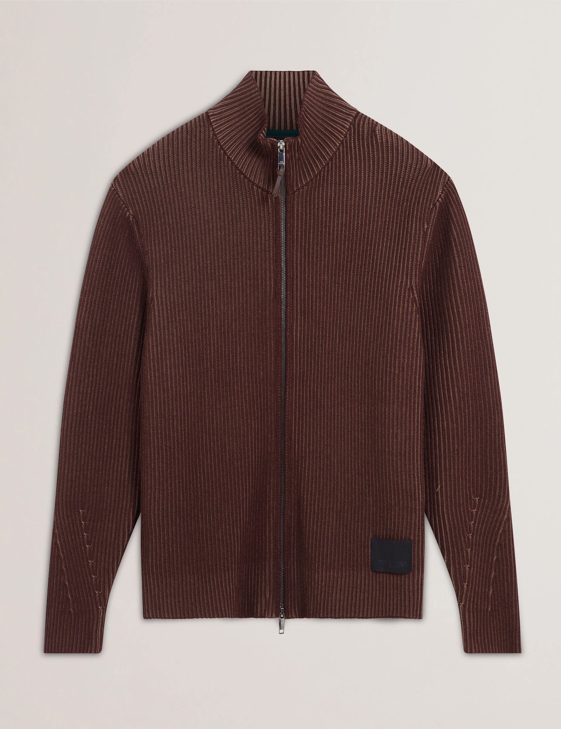 Ted Baker ROMANI Rib Knit Funnel Neck Zip-Up Sweater DARK BROWN