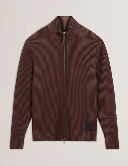 Ted Baker ROMANI Rib Knit Funnel Neck Zip-Up Sweater DARK BROWN