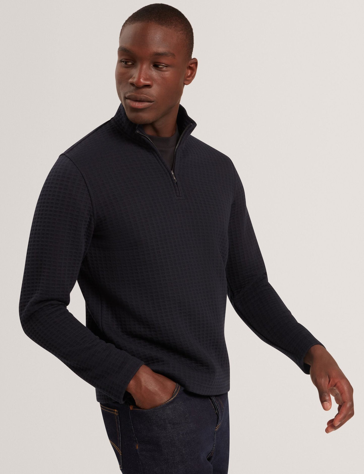 Ted Baker CAINDLE Waffle Knit Quarter Zip Sweatshirt NAVY
