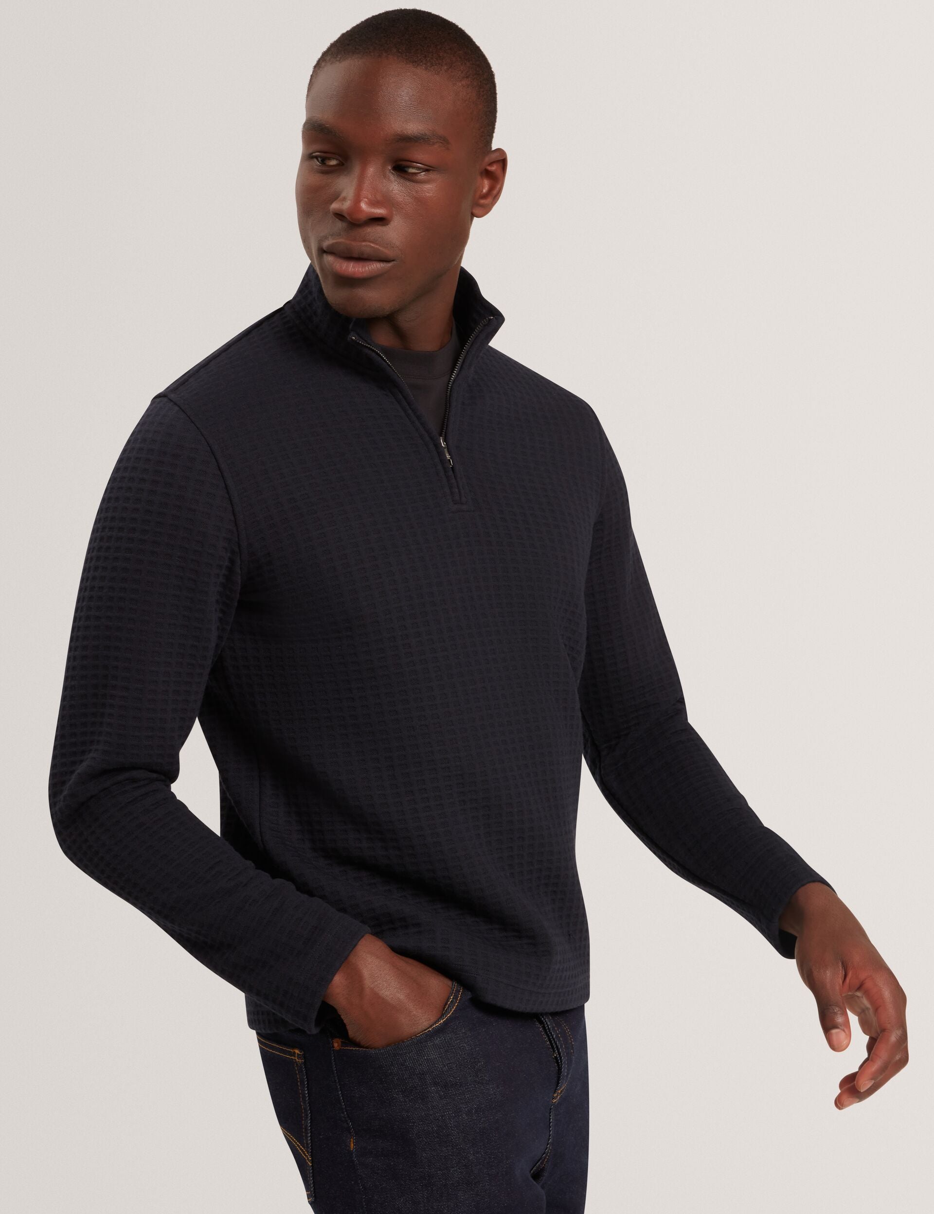 Ted Baker CAINDLE Waffle Knit Quarter Zip Sweatshirt NAVY