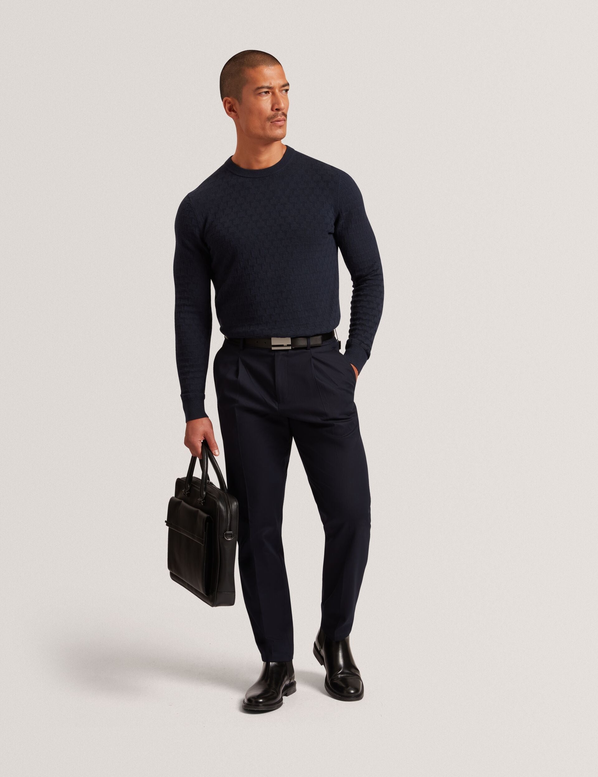 Ted Baker SAINSY Branded Texture Crew Neck Jumper NAVY