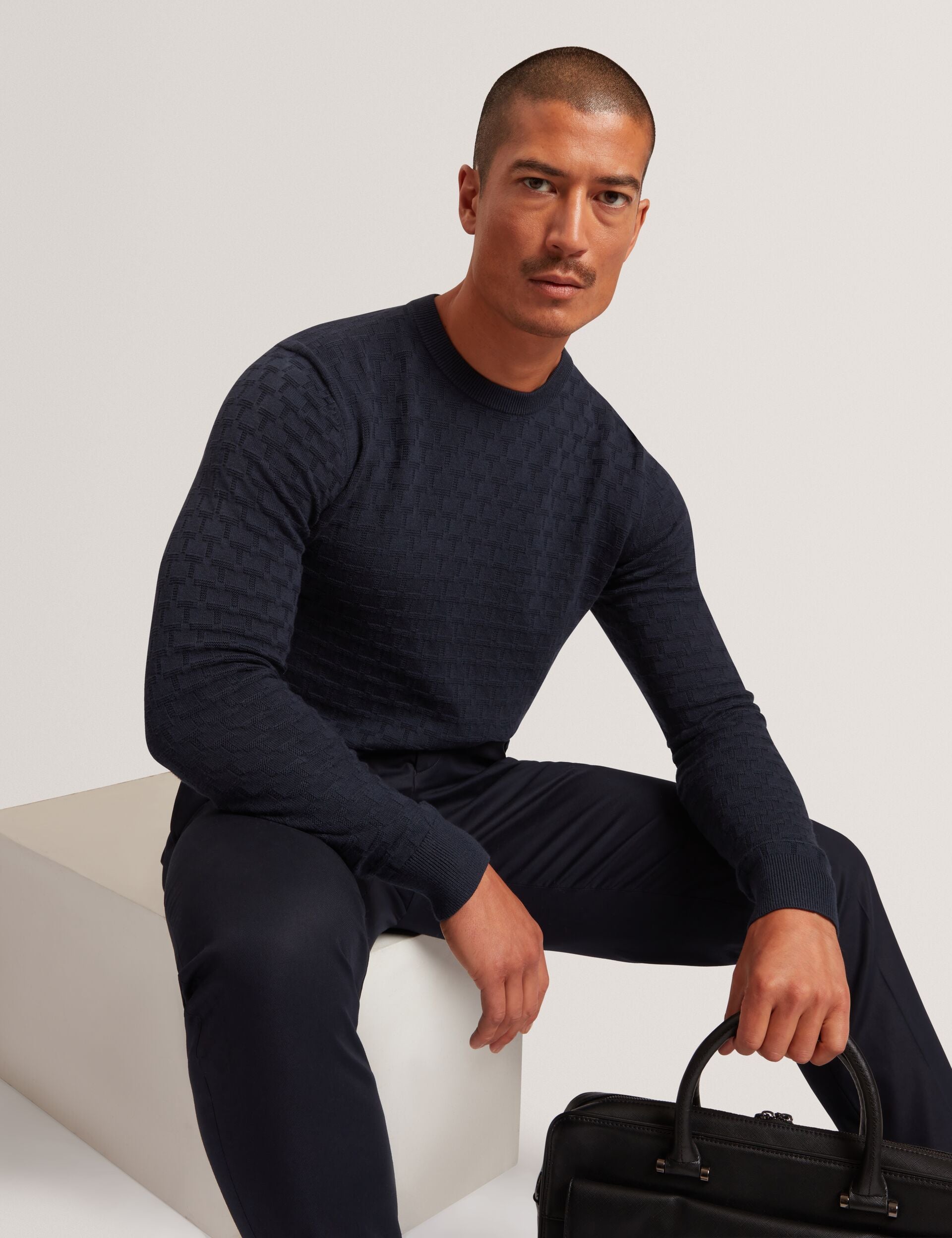 Ted Baker SAINSY Branded Texture Crew Neck Jumper NAVY