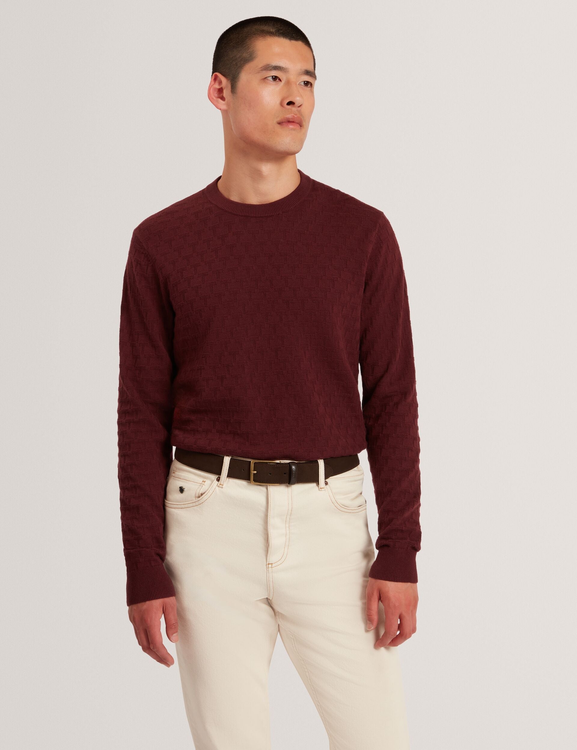 Ted Baker SAINSY Branded Texture Crew Neck Jumper MAROON