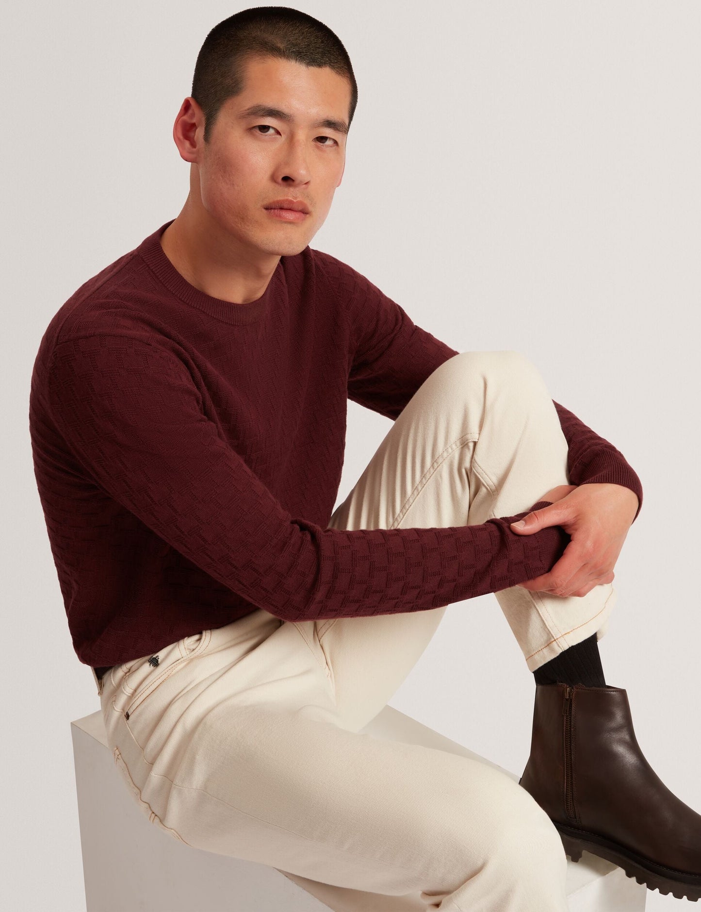 Ted Baker SAINSY Branded Texture Crew Neck Jumper MAROON