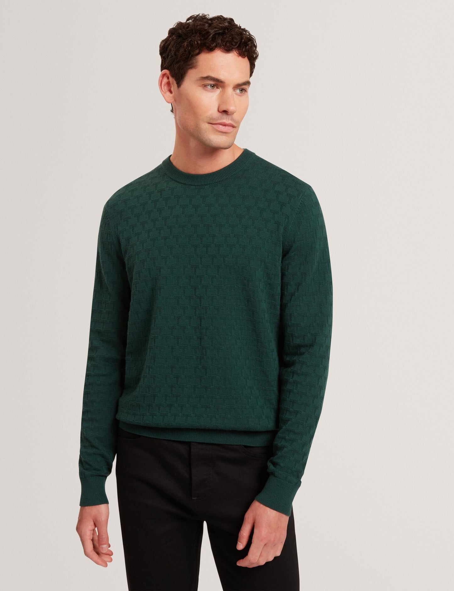 Ted Baker SAINSY Branded Texture Crew Neck Jumper DARK GREEN