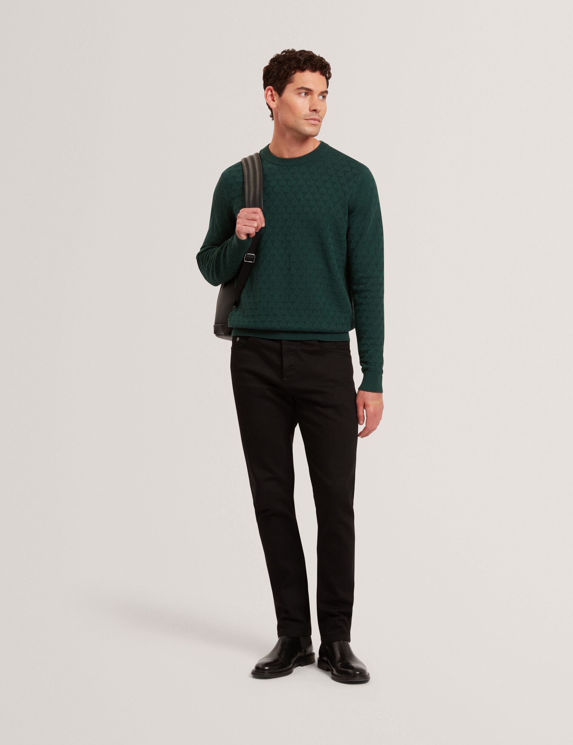 Ted Baker SAINSY Branded Texture Crew Neck Jumper DARK GREEN