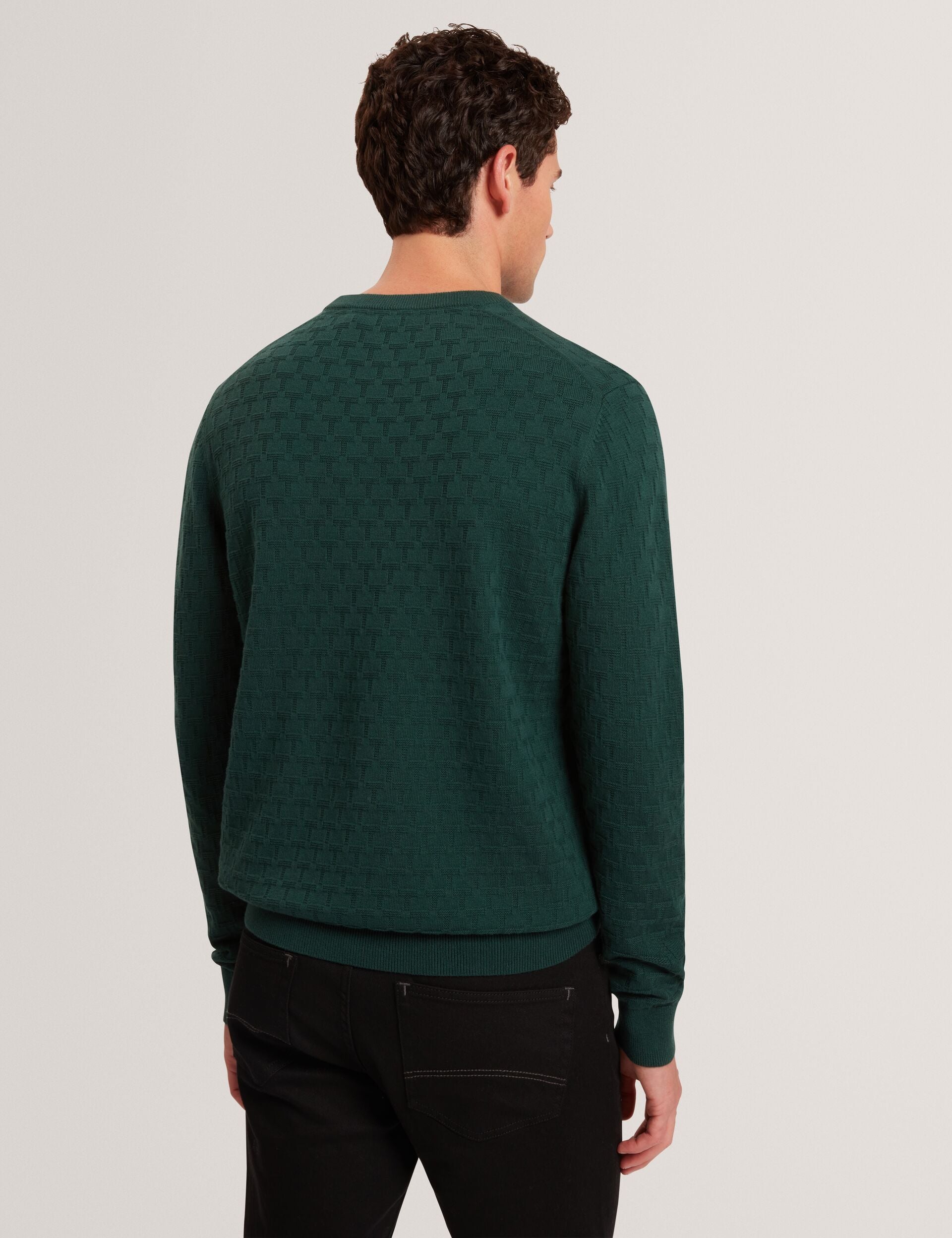 Ted Baker SAINSY Branded Texture Crew Neck Jumper DARK GREEN