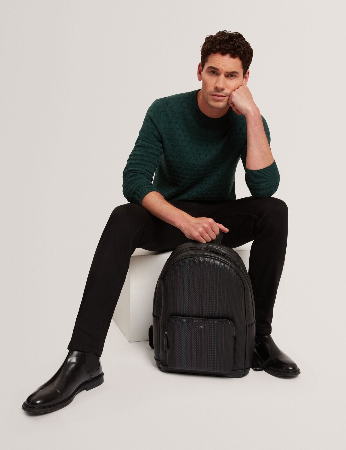 Ted Baker SAINSY Branded Texture Crew Neck Jumper DARK GREEN