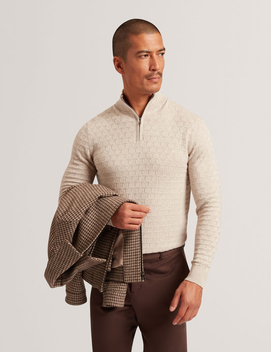 Ted Baker JEREMEE Branded Texture Zip Neck Jumper NATURAL
