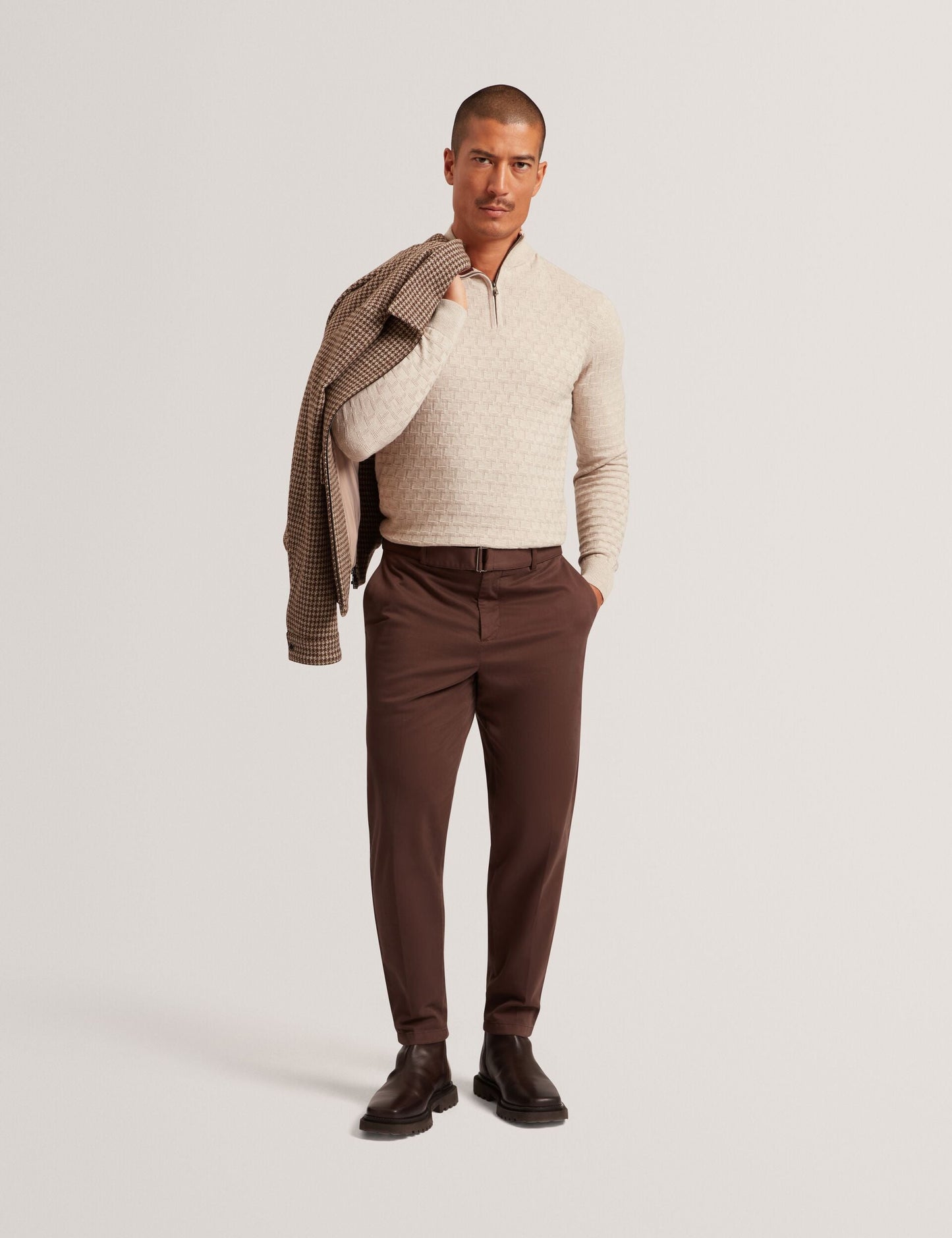 Ted Baker JEREMEE Branded Texture Zip Neck Jumper NATURAL