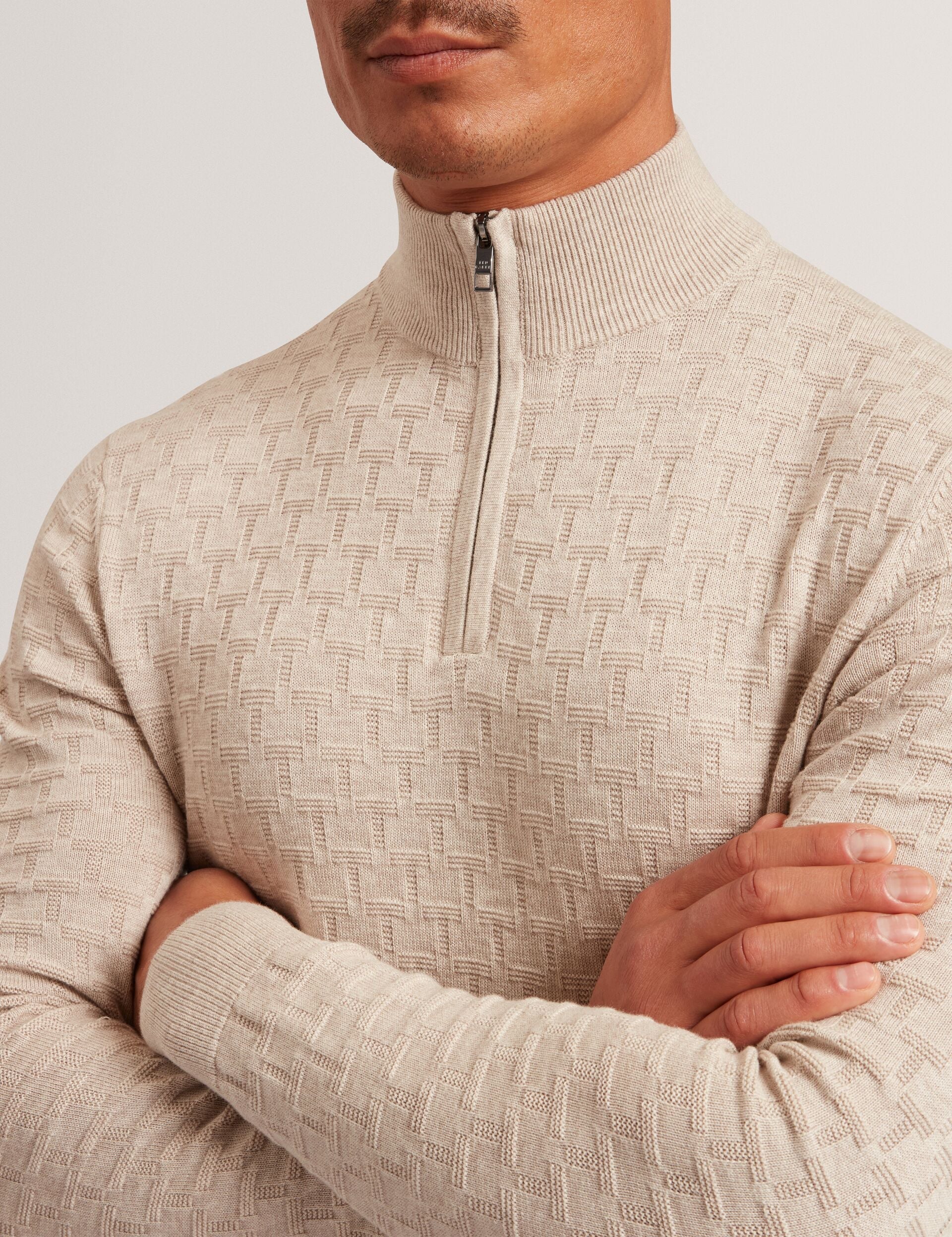 Ted Baker JEREMEE Branded Texture Zip Neck Jumper NATURAL