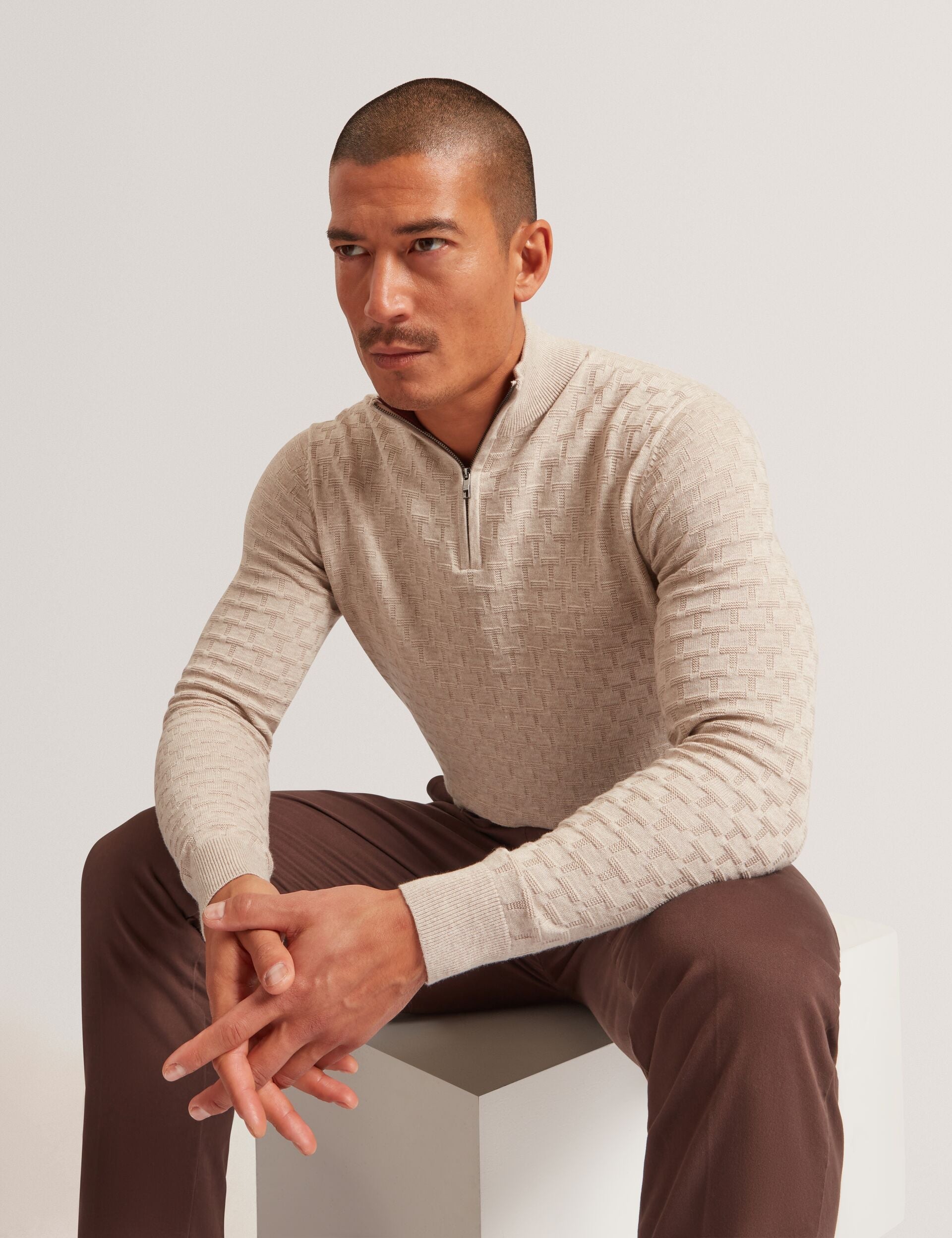Ted Baker JEREMEE Branded Texture Zip Neck Jumper NATURAL