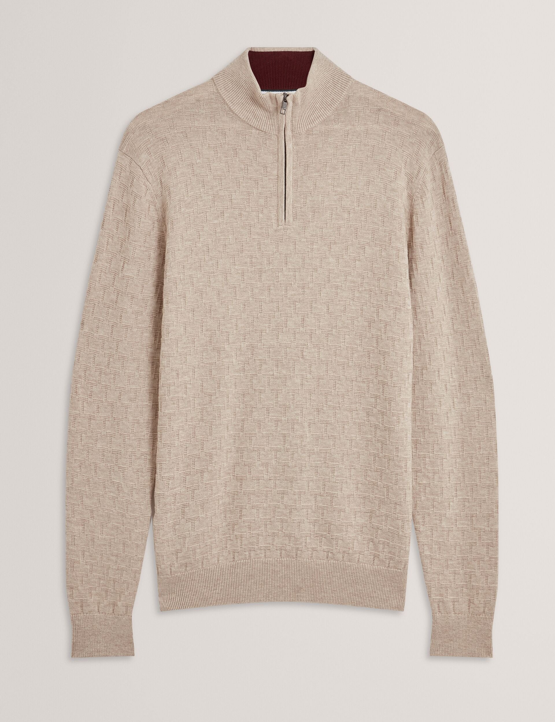 Ted Baker JEREMEE Branded Texture Zip Neck Jumper NATURAL