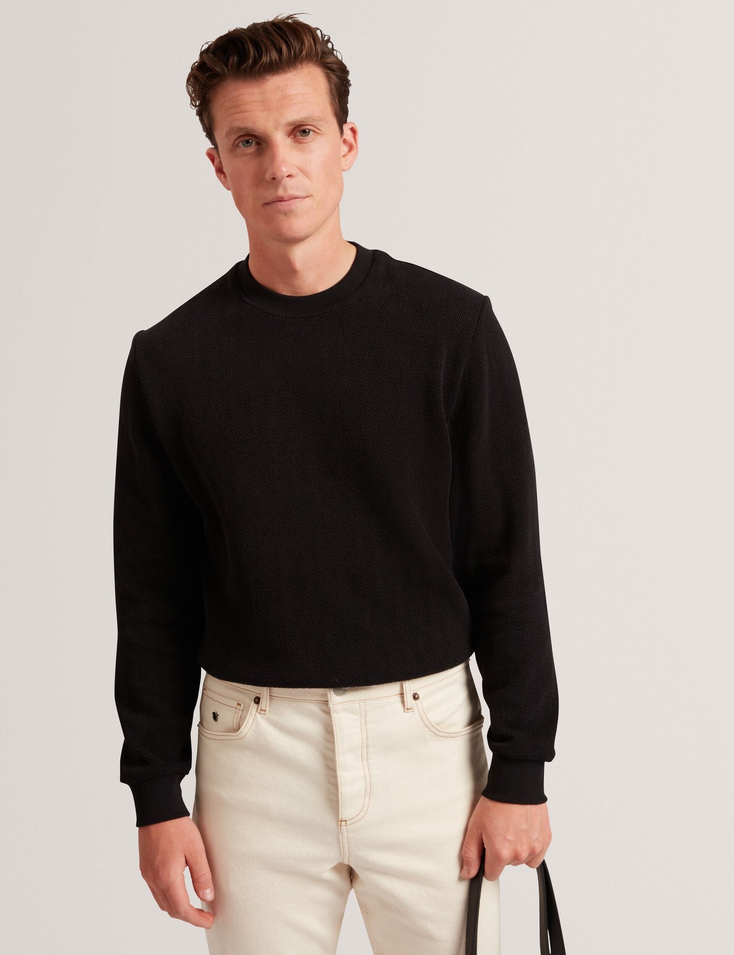 Ted Baker ELATES Herringbone Texture Crew Neck Sweatshirt BLACK