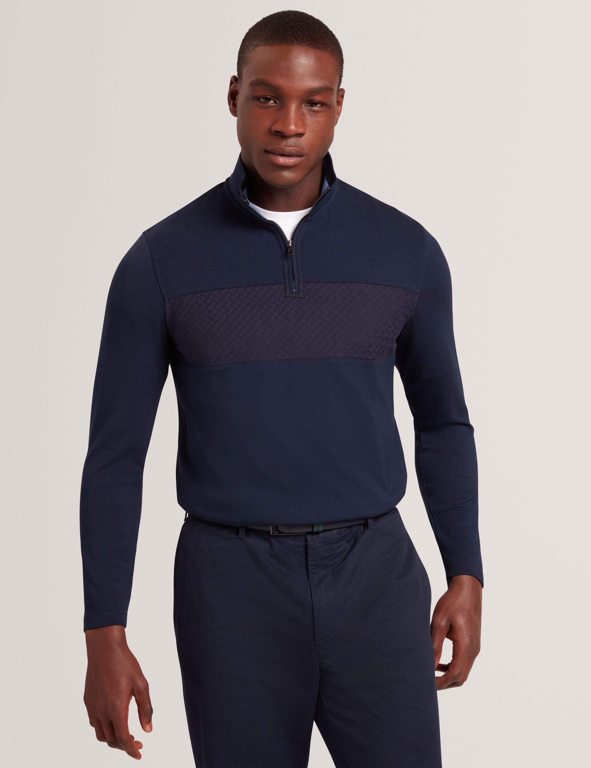 Ted Baker SIMONEAO - Textured Panel Half-Zip Modal Sweatshirt NAVY