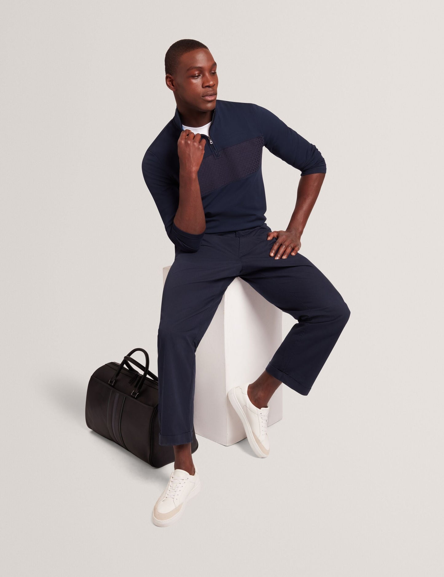 Ted Baker SIMONEAO - Textured Panel Half-Zip Modal Sweatshirt NAVY