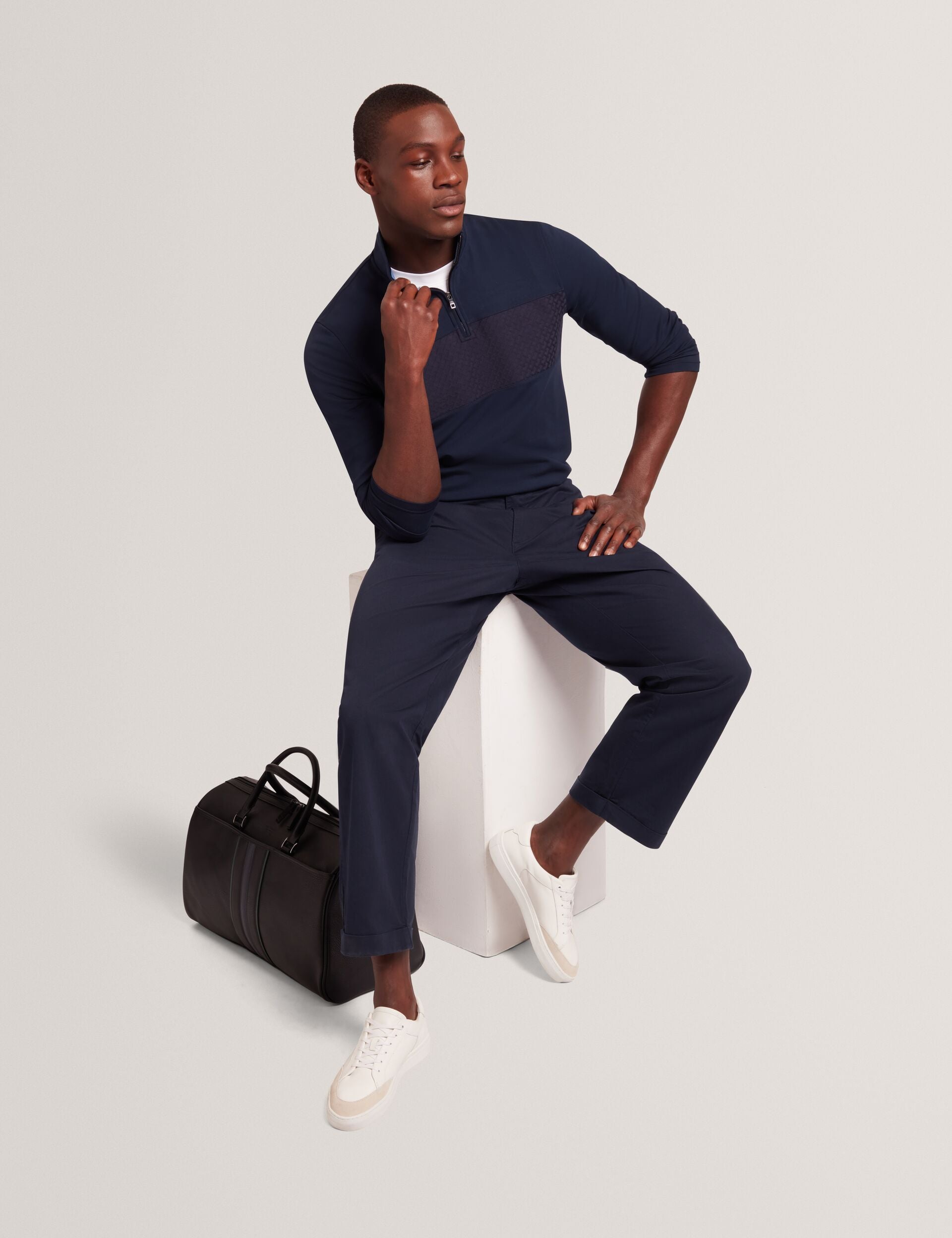 Ted Baker SIMONEAO - Textured Panel Half-Zip Modal Sweatshirt NAVY